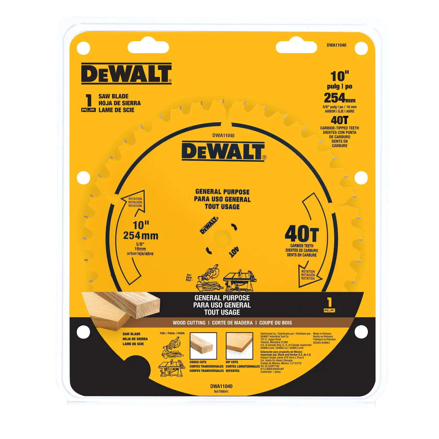 Packaging for a DEWALT 10-inch saw blade with 40 carbide-tipped teeth, designed for general purpose wood cutting. The blade is shown in a yellow package with product details including blade diameter, teeth count, and recommended uses.