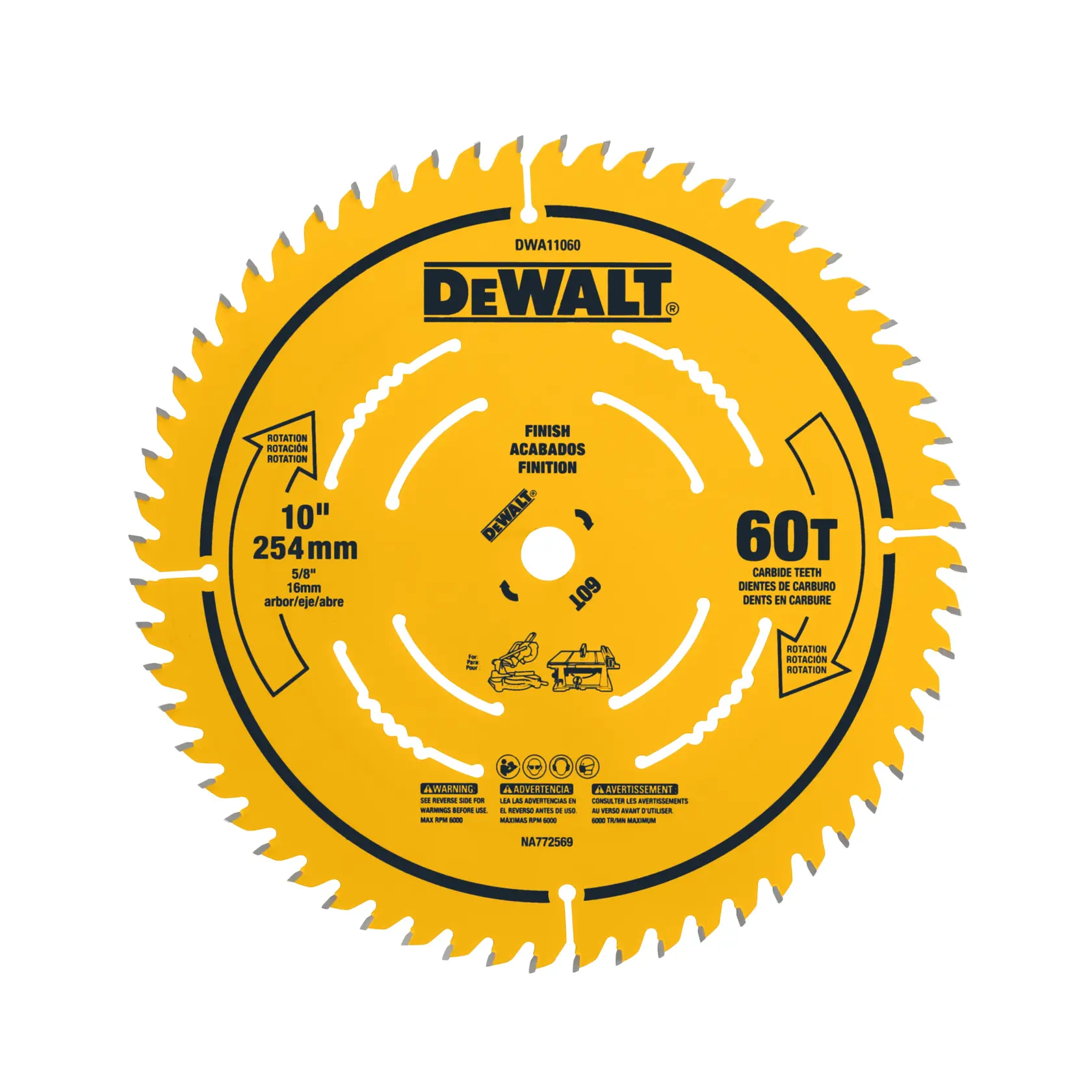 A yellow DEWALT circular saw blade with 60 carbide teeth, 10-inch (254 mm) diameter, and 5/8-inch (16 mm) arbor. The blade is labeled for finish work and features various safety and usage markings.