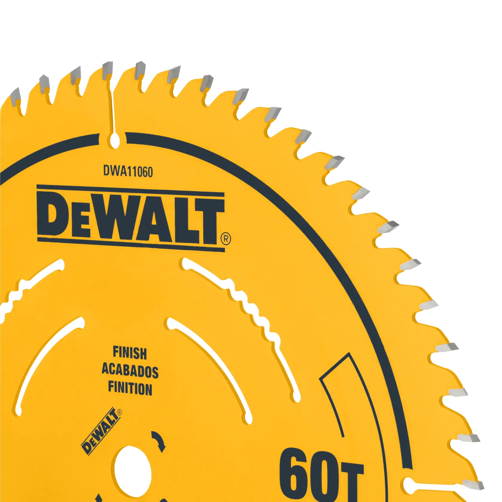 Close-up of a yellow DeWALT circular saw blade showing the brand logo, part number DWA11060, and text indicating 'Finish', 'Acabados', 'Finition', and '60T'. The blade has numerous sharp teeth and vent holes.