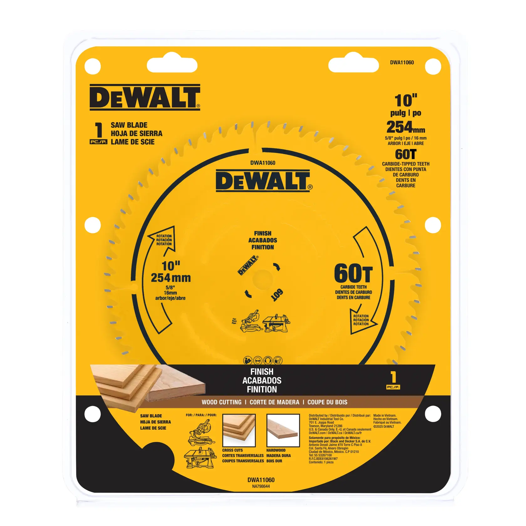 A packaged DeWalt 10-inch saw blade with 60 carbide-tipped teeth, designed for wood cutting and finish work, displayed in a yellow and black blister pack. The package includes details such as the blade size (254 mm), arbor hole size (5/8 inch or 16 mm), and guidance for types of cuts and materials, including cross cuts and hardwood.