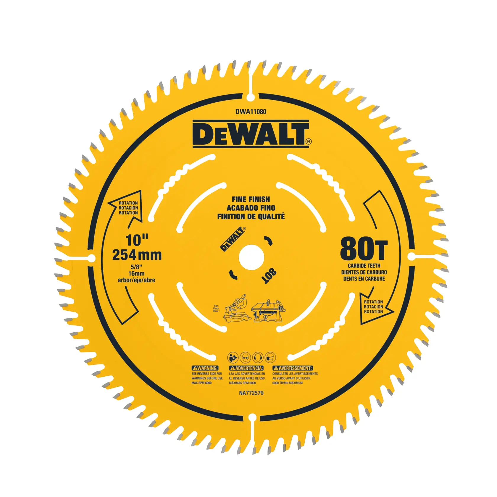 A yellow circular saw blade from DEWALT with 80 carbide teeth, labeled for fine finish cuts. The blade is 10 inches (254 mm) in diameter with a 5/8 inch (16 mm) arbor. Product details and safety warnings are printed on the surface.