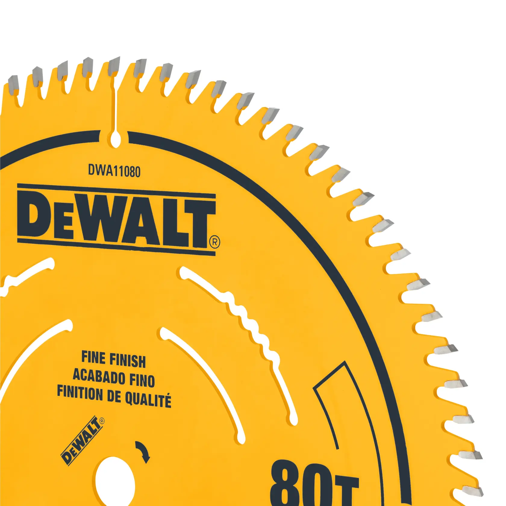 A close-up of a yellow DeWalt circular saw blade with sharp metal teeth, labeled for fine finish with 80 teeth, and product markings in English, Spanish, and French.