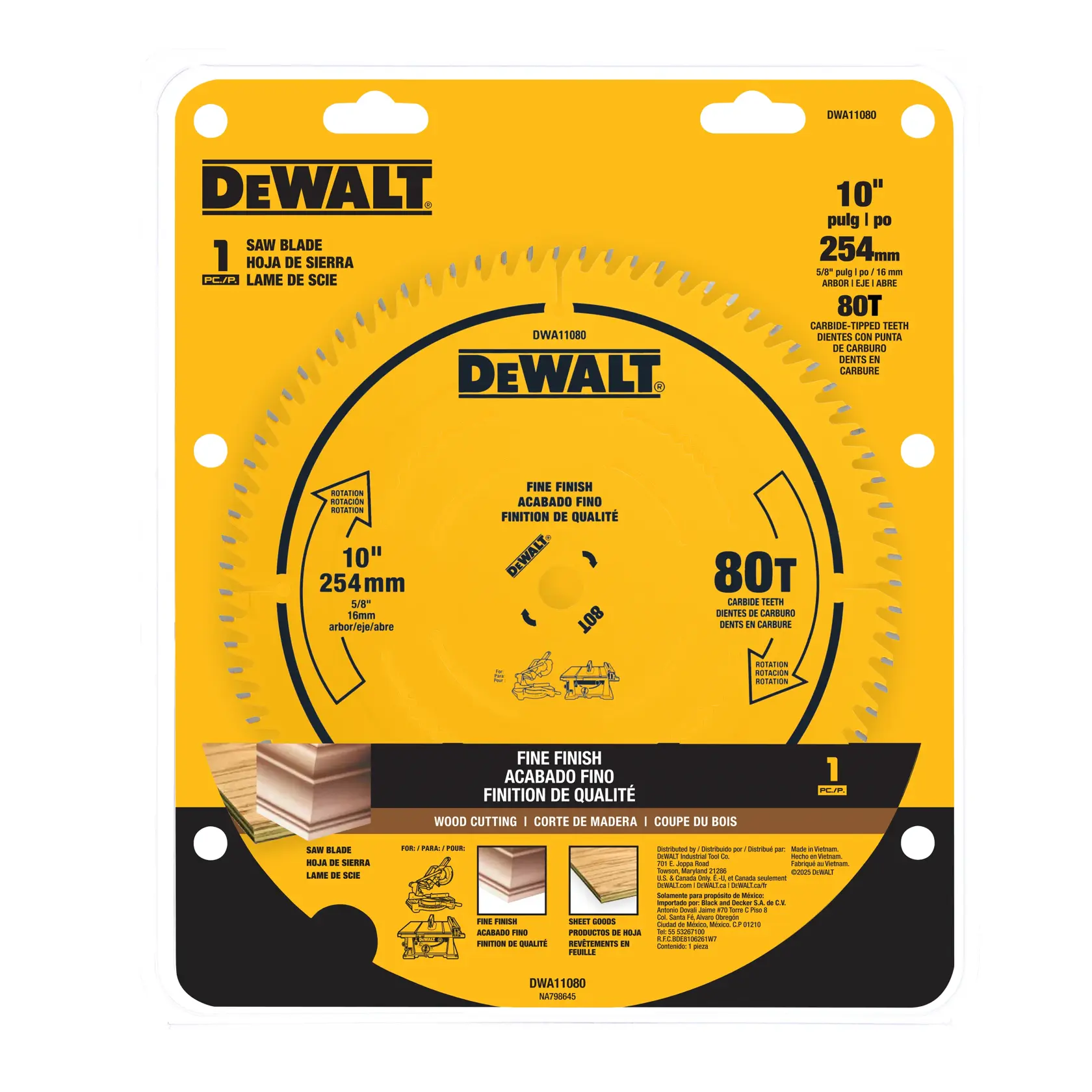 A package containing a DEWALT 10-inch (254mm) saw blade with 80 carbide-tipped teeth for fine wood cutting. The packaging is primarily yellow and black, with product details including 'Saw Blade,' 'Fine Finish,' and specifications in English, Spanish, and French. There are images showing the blade's use for wood cutting, fine finish, and sheet goods.