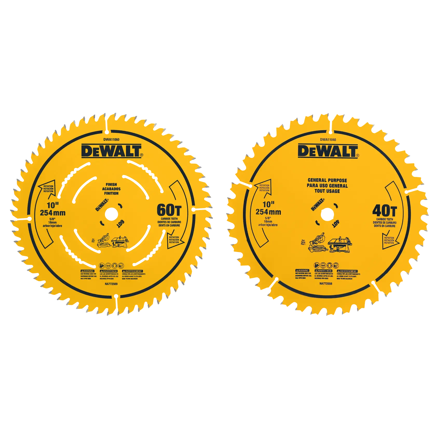 Two yellow DEWALT circular saw blades. The left blade is labeled '60T' for fine finishing with 60 teeth, and the right blade is labeled '40T' for general purpose use with 40 teeth. Both blades are 10 inches (254 mm) in diameter.
