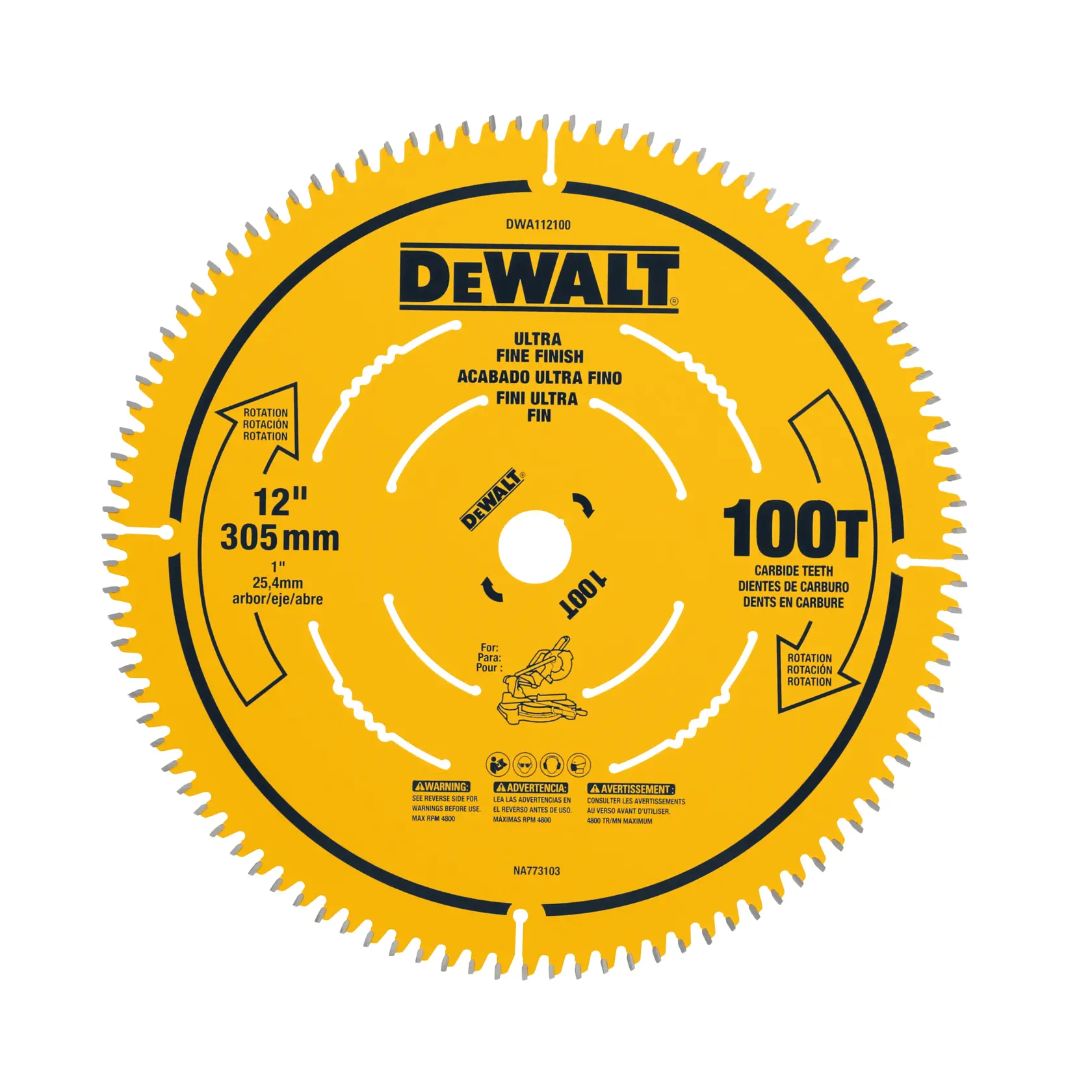 A yellow DEWALT 12-inch circular saw blade featuring 100 carbide teeth. The blade is labeled for ultra fine finish cutting, and specifications such as 305 mm diameter and 25.4 mm arbor hole are indicated. Various warnings and instructions are printed on the blade surface.