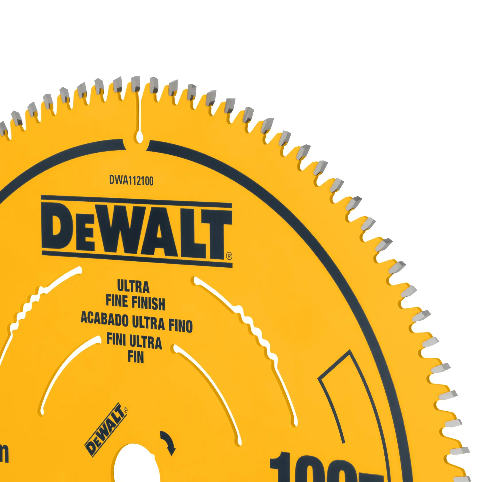 Close-up of a yellow DeWALT circular saw blade, showing sharp metal teeth and product labeling that indicates ultra fine finish.