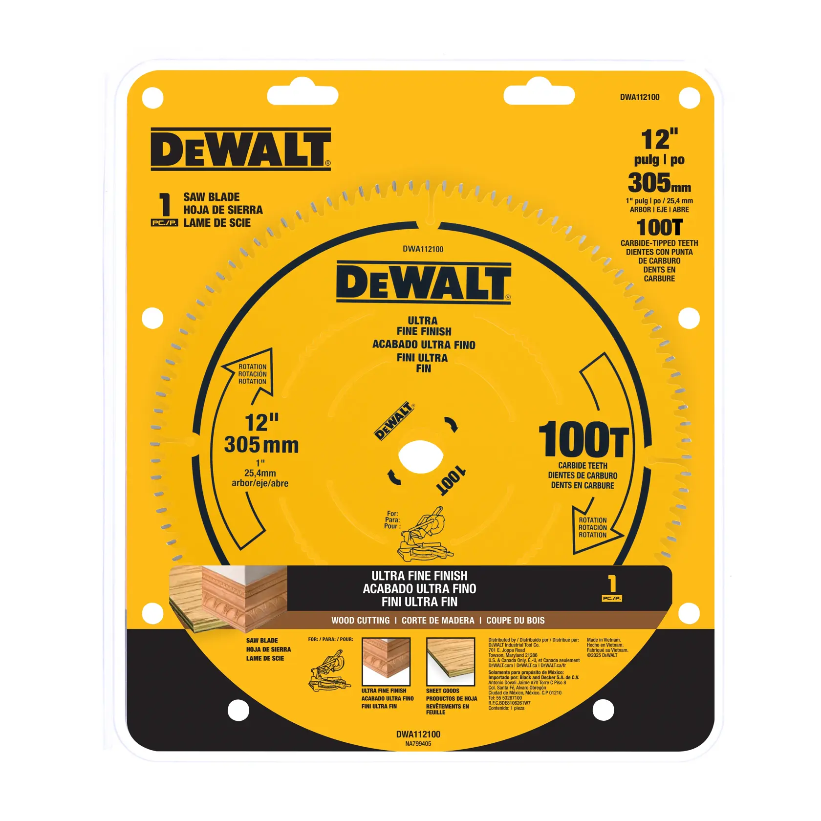 A DEWALT 12-inch (305 mm) saw blade in its yellow packaging. The blade is labeled for ultra fine finish and has 100 carbide-tipped teeth, designed for wood cutting. The packaging highlights its suitability for trim, panel, and sheet goods. Product details and safety icons are visible.