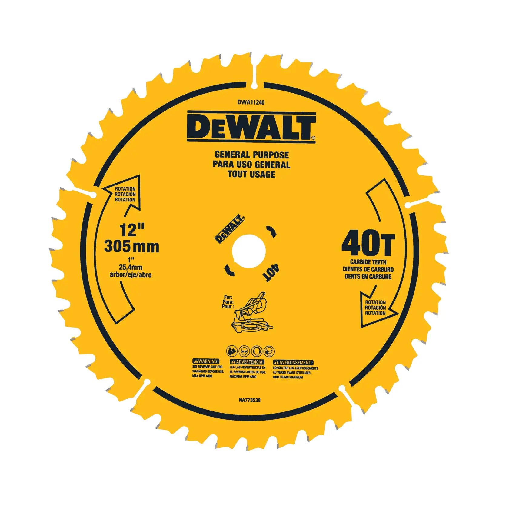 A yellow DEWALT circular saw blade for general purpose use, measuring 12 inches (305 mm) in diameter. The blade has 40 carbide teeth, with text in English, Spanish, and French indicating specifications and safety information. The center has a 1-inch (25.4 mm) arbor hole and rotation direction markings.