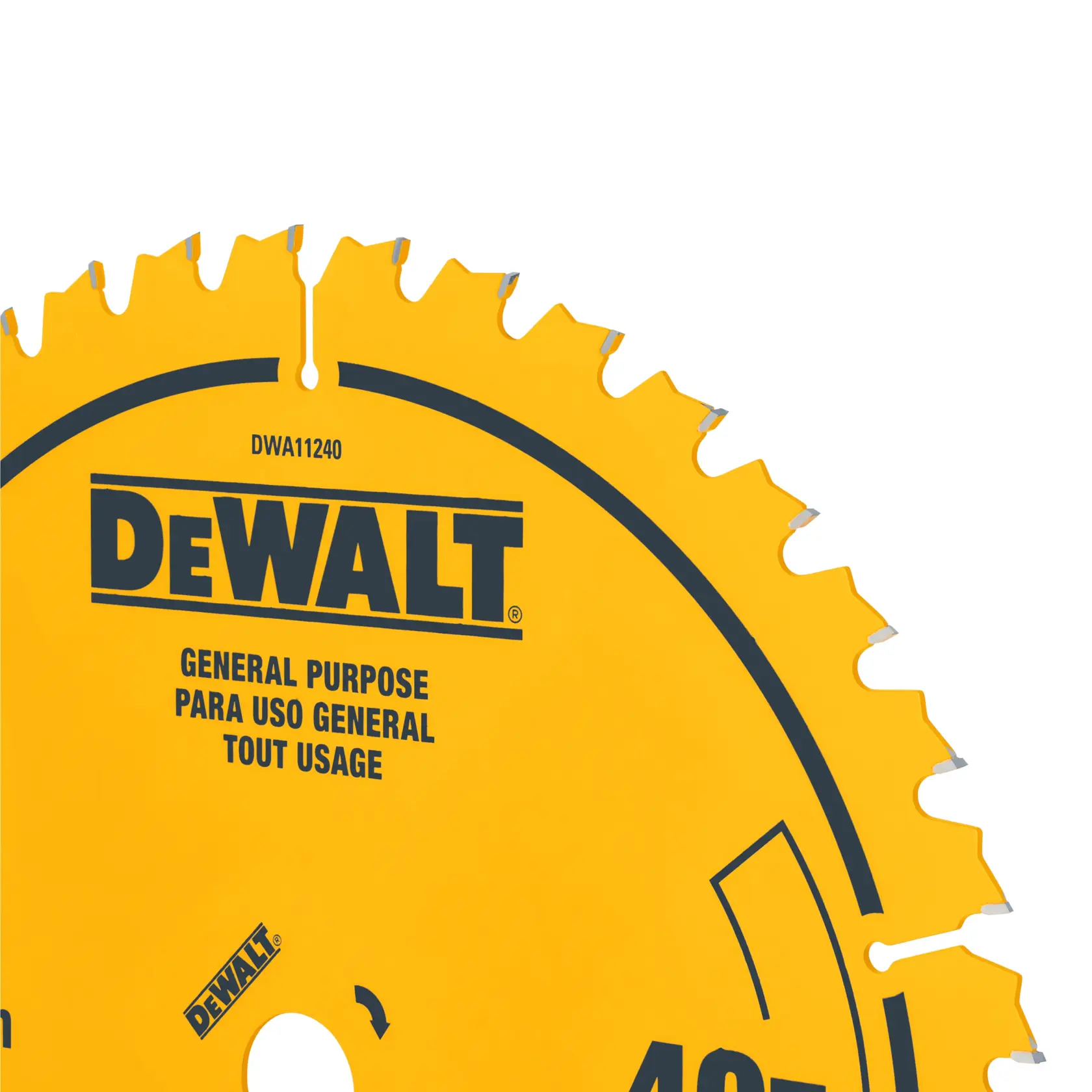 Close-up of a yellow DEWALT circular saw blade labeled for general purpose use. The blade features sharp teeth around the edge and product markings in English, Spanish, and French.