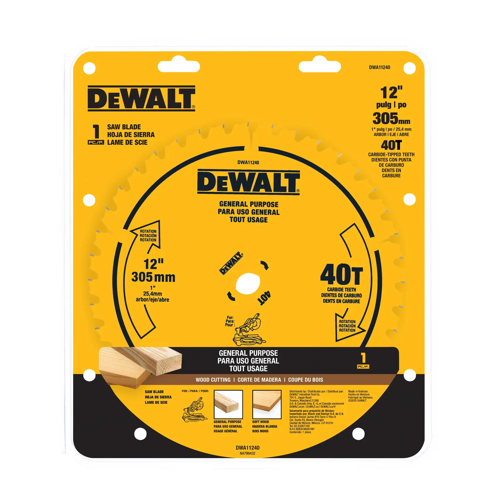 DEWALT 12-inch 40-tooth general purpose circular saw blade, packaged in a yellow case. The blade is designed for wood cutting and features carbide teeth. The packaging lists specifications in English, Spanish, and French, including diameter (305 mm), arbor size (1 inch/25.4 mm), and highlights compatibility with miter and table saws.