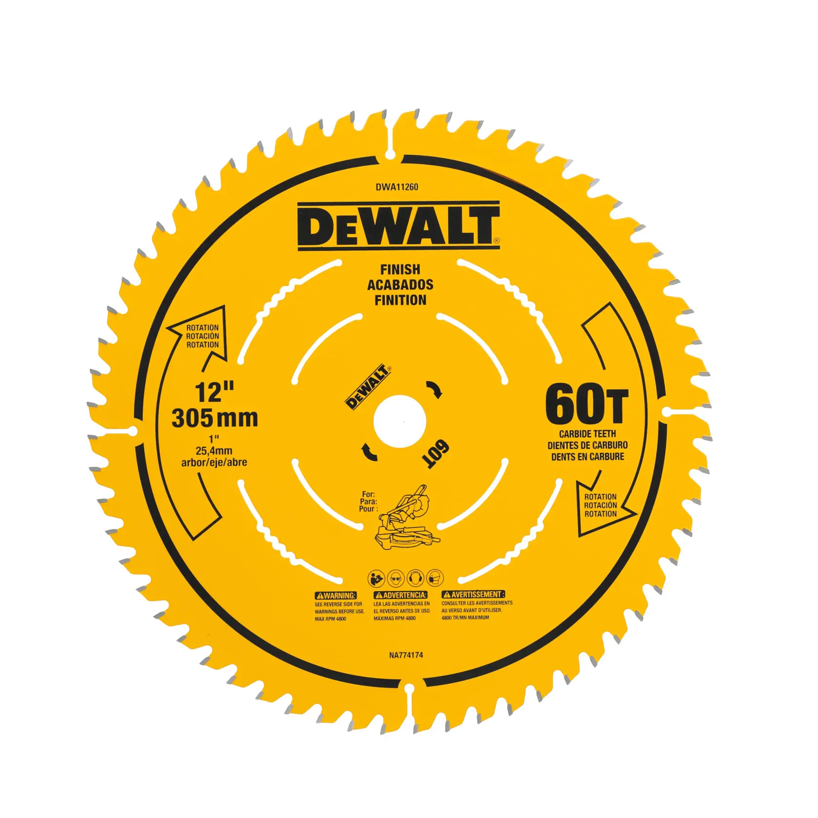 A yellow circular saw blade from DEWALT, marked as a 12-inch (305 mm) finish blade with 60 carbide teeth. The blade has safety and usage information printed in English, Spanish, and French, and details about its rotation direction and arbor size (1 inch/25.4 mm).