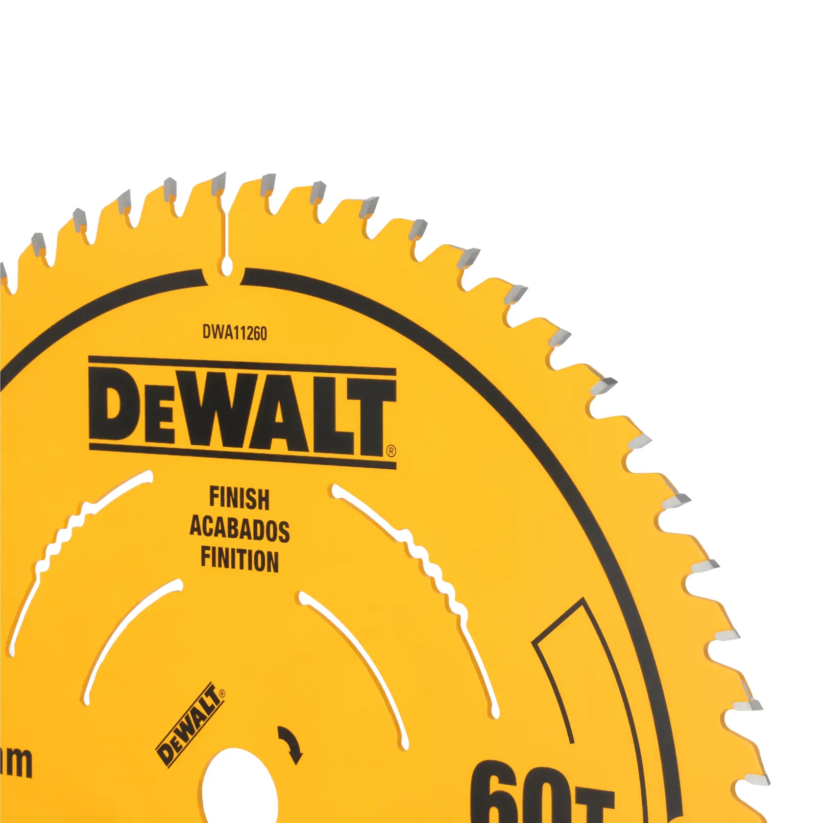 Close-up of a yellow circular saw blade with sharp teeth, branded DEWALT. The blade features product details such as 'FINISH', '60T', and various specifications in English, Spanish, and French.