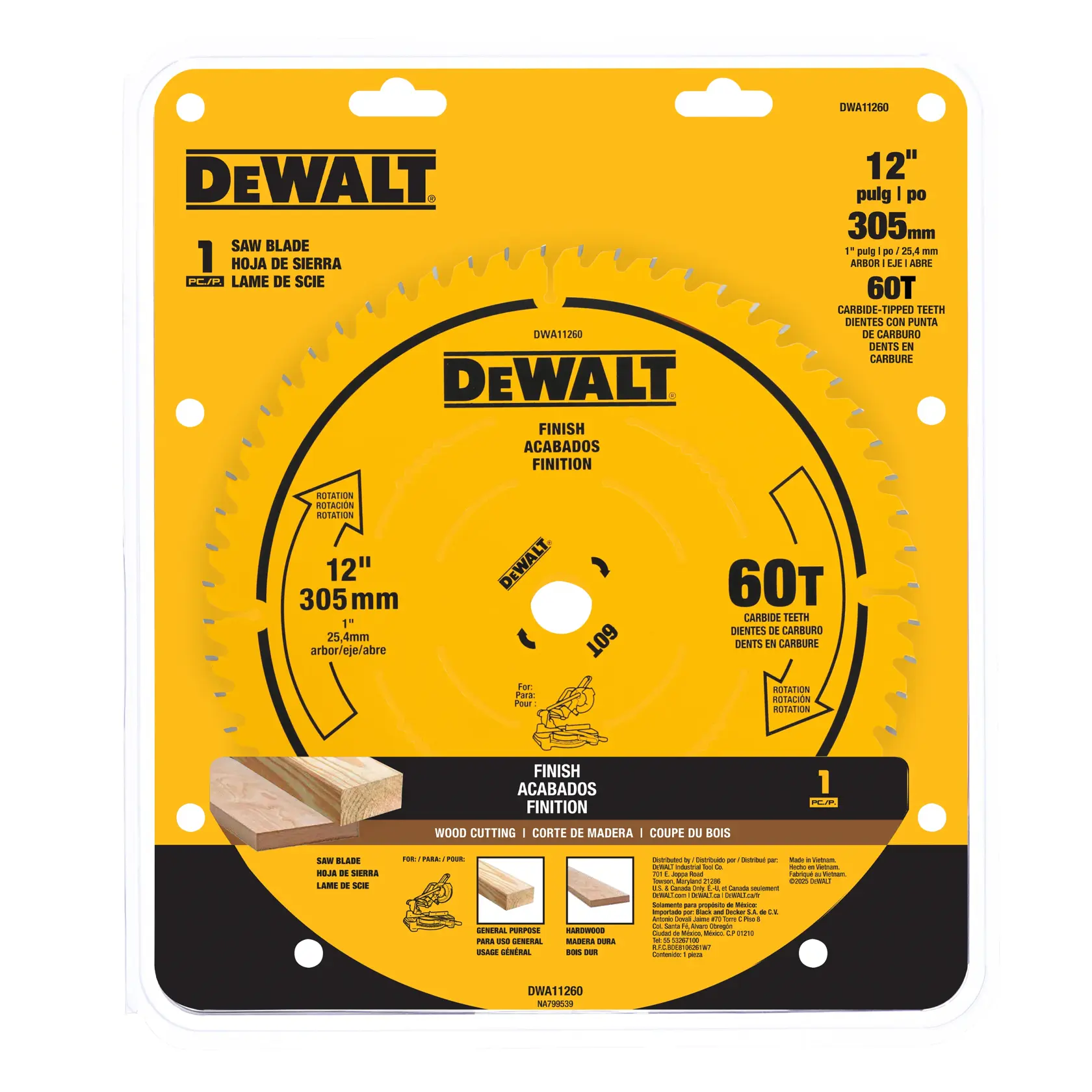 Packaging containing a DeWalt branded 12-inch saw blade with 60 carbide teeth, designed for wood cutting and finishing tasks. The package is yellow with black and white text and displays product specifications in English, Spanish, and French. An illustration of wood pieces and different types of cuts is visible on the bottom part of the packaging.