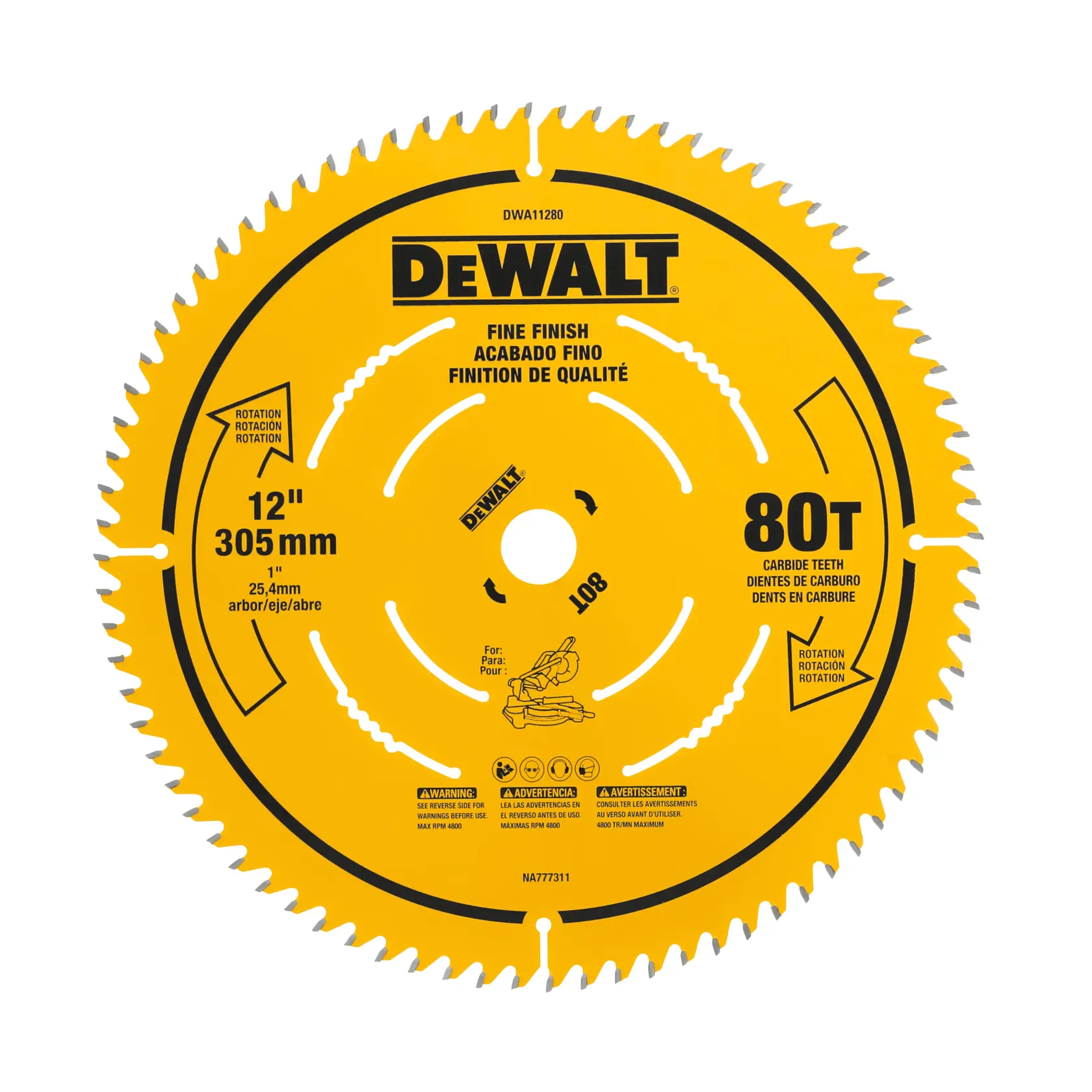 A yellow DeWalt circular saw blade with 80 carbide teeth, labeled as fine finish. The blade is 12 inches (305 mm) in diameter with a 1 inch (25.4 mm) arbor. The blade features product information and safety warnings printed in English, Spanish, and French.
