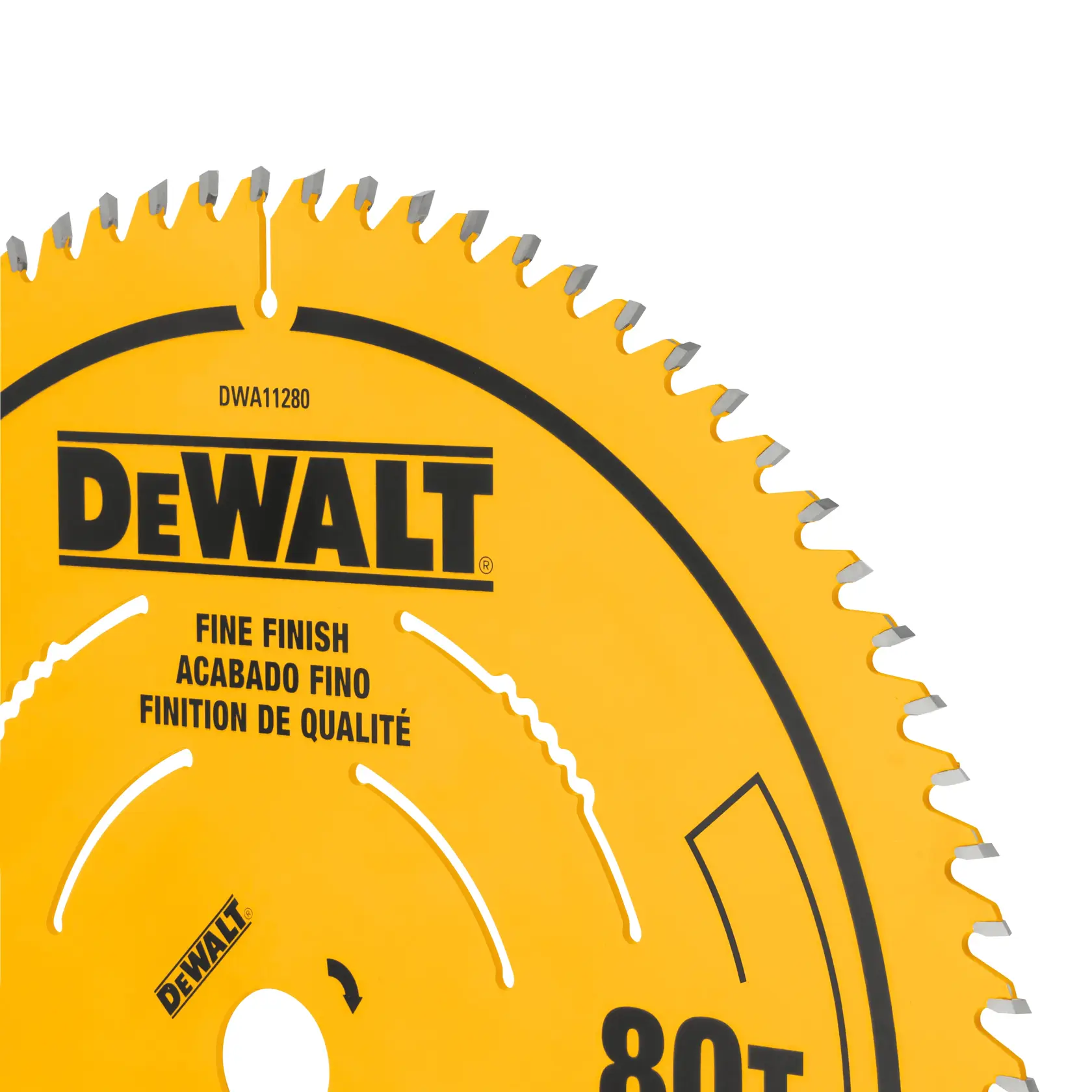 Partial close-up view of a yellow DEWALT circular saw blade with silver teeth. The blade displays the DEWALT logo and text indicating 'Fine Finish' in English, Spanish, and French, as well as '80T' marking the number of teeth.