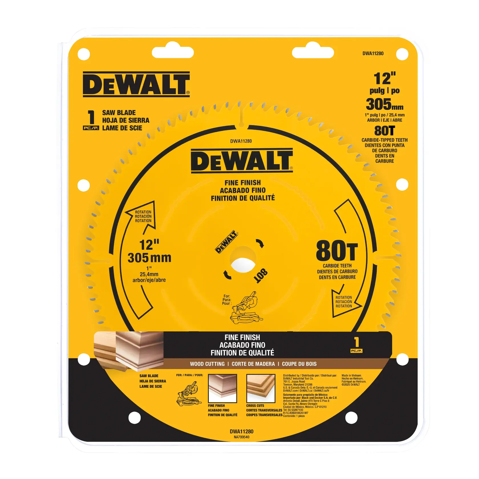 A DeWalt branded circular saw blade in its packaging. The blade is designed for fine finish wood cutting, measures 12 inches (305 mm) in diameter, and has 80 carbide-tipped teeth. The packaging highlights compatibility for woodworking and features product details in English, Spanish, and French.