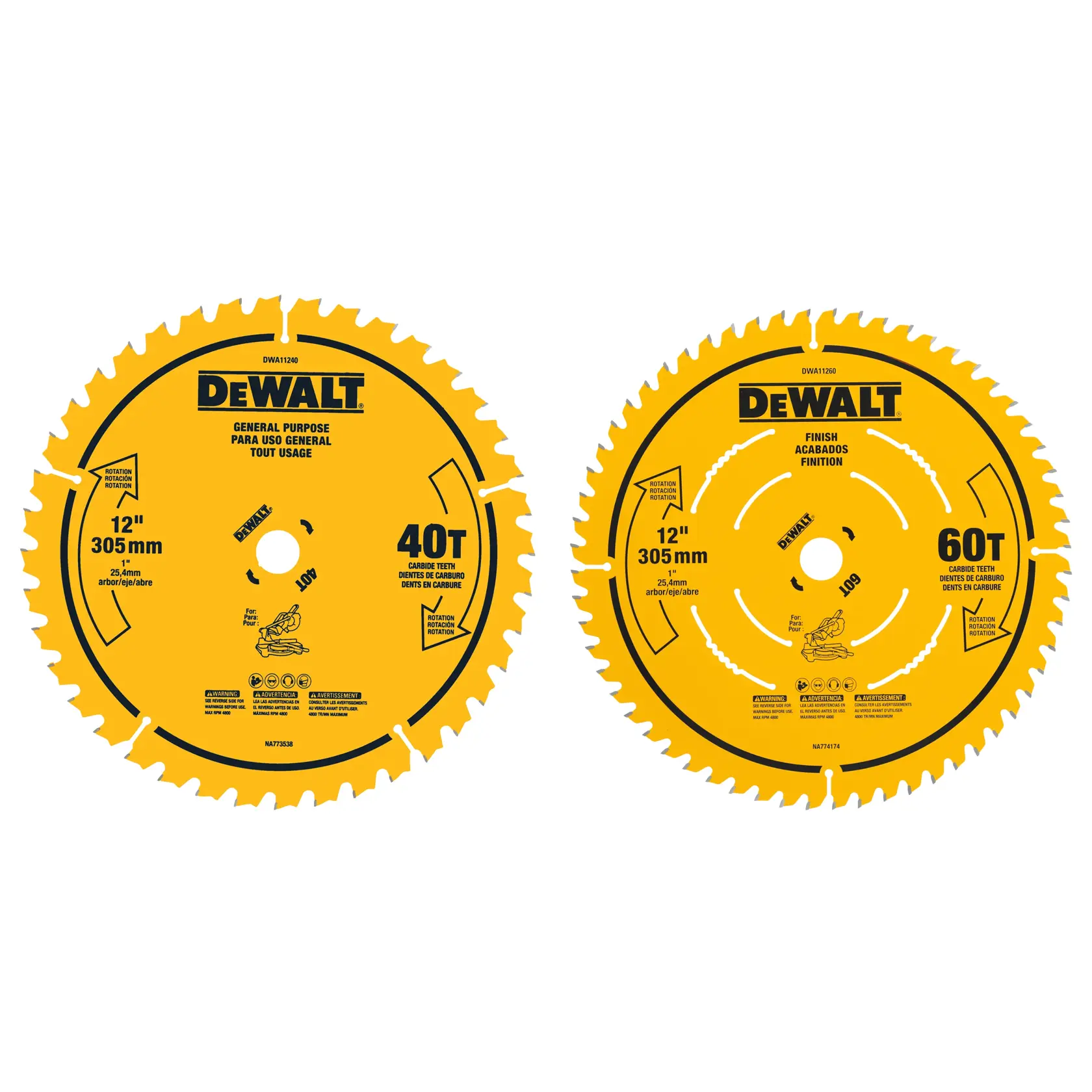 Two yellow DEWALT 12-inch circular saw blades, one labeled 'General Purpose' with 40 teeth and the other labeled 'Finish' with 60 teeth, both with 305mm diameter and carbide tips.