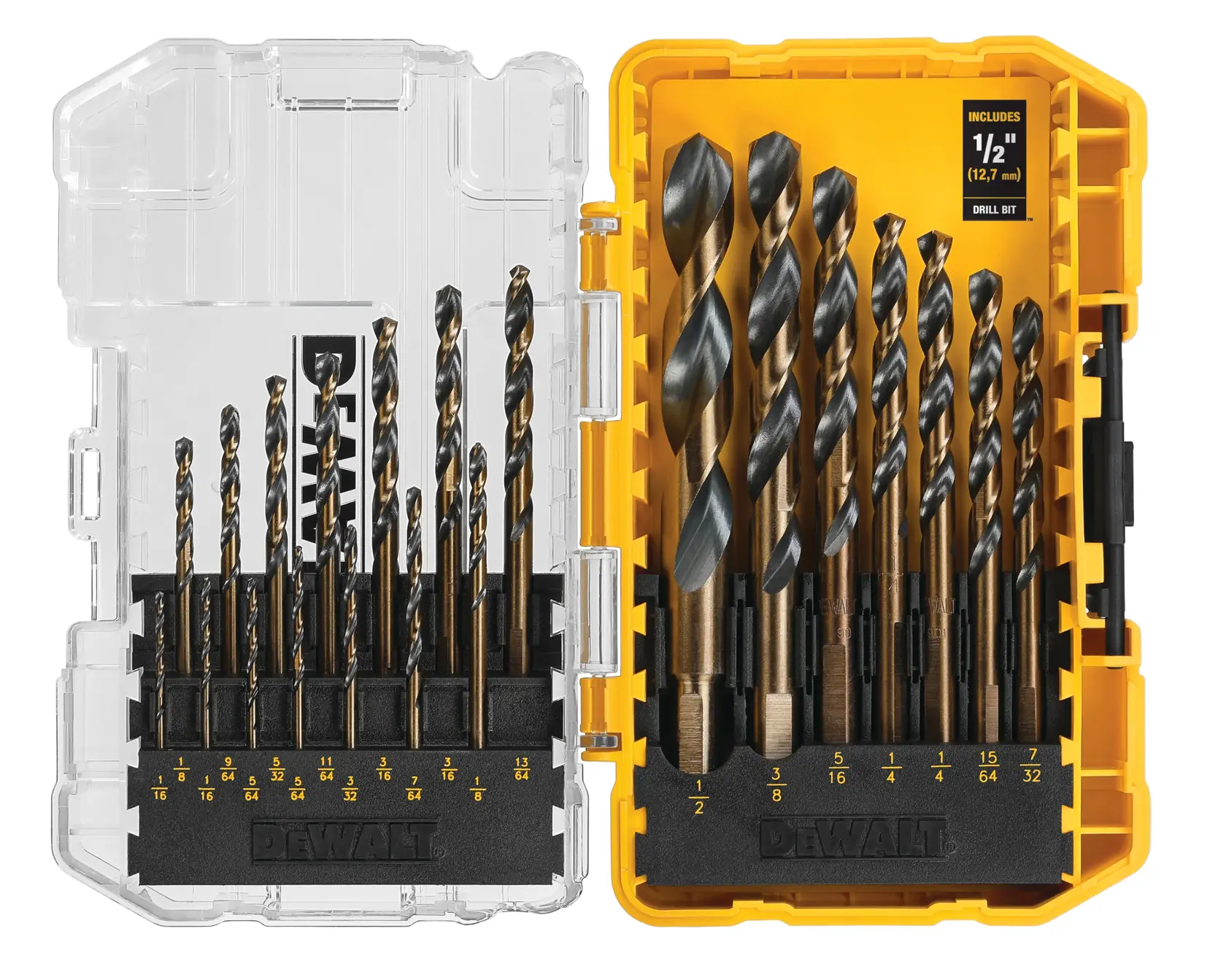 A DEWALT drill bit set displayed in an open yellow and transparent plastic case, showing multiple drill bits in various sizes neatly organized.