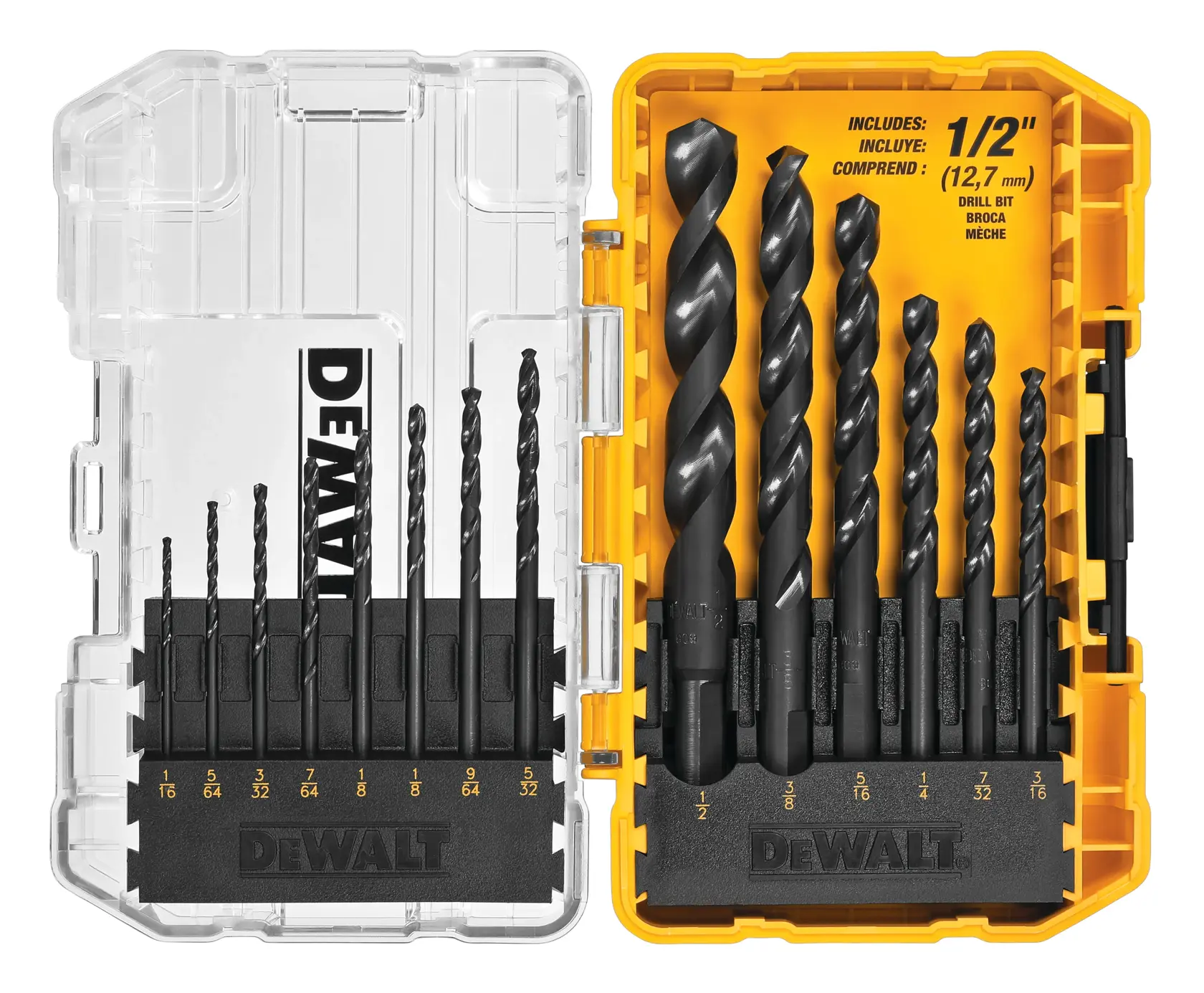 A DEWALT branded drill bit set in an open plastic case, displaying multiple black drill bits arranged by size. The right side of the yellow case includes a 1/2 inch drill bit and smaller sizes. DEWALT logo is visible.