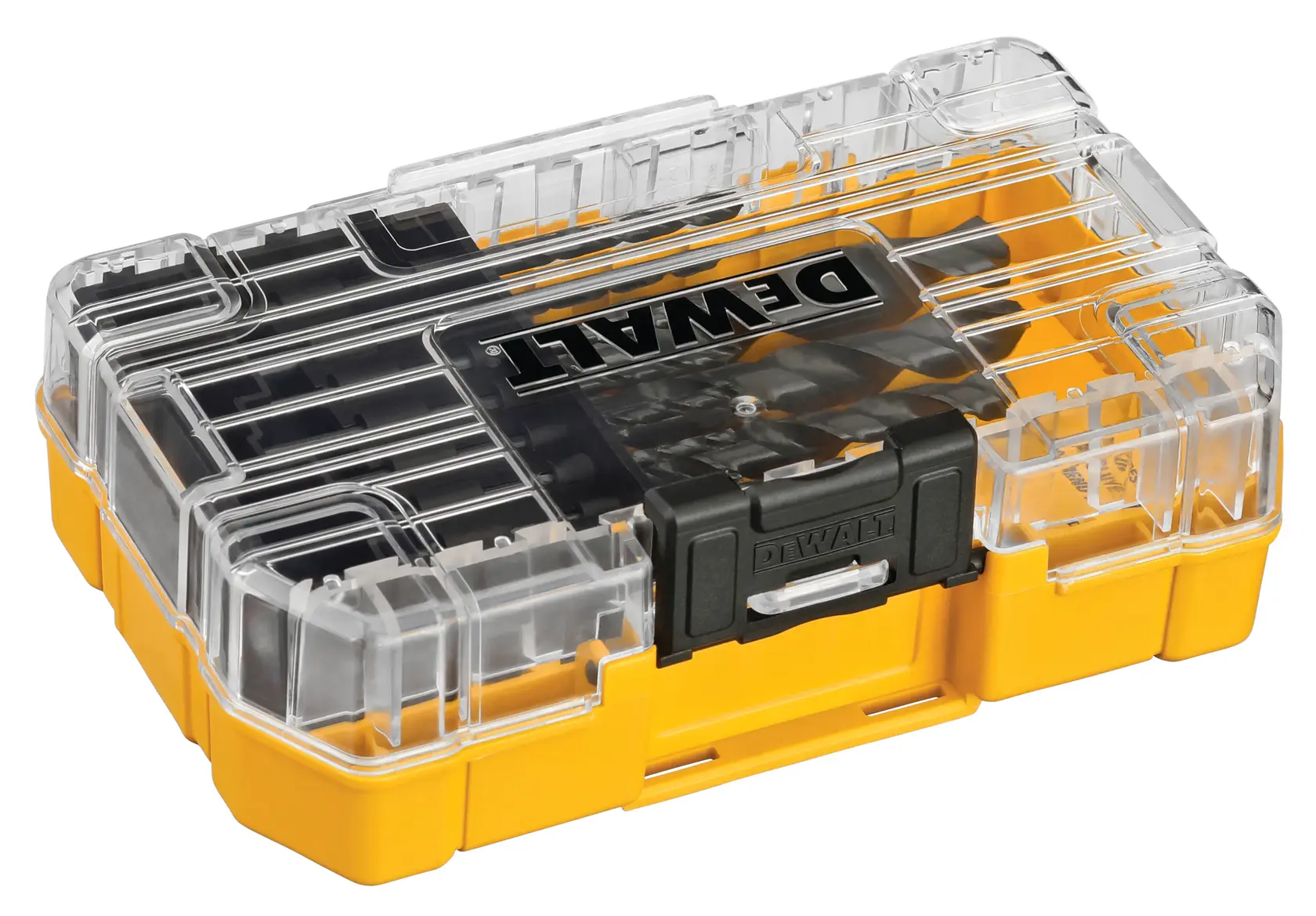A yellow DEWALT storage case with a transparent plastic lid and black latch, designed for organizing and protecting small tools or accessories.