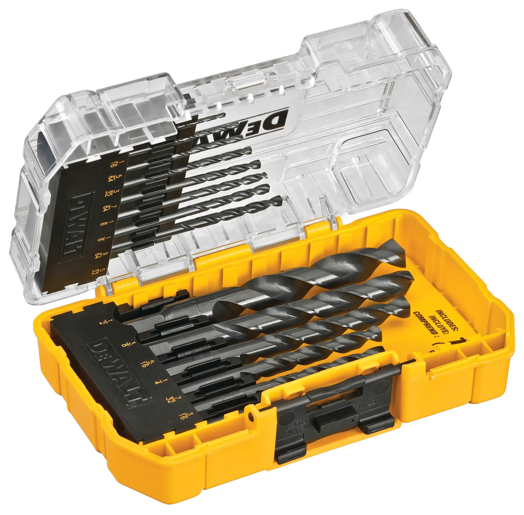 A DEWALT drill bit set with multiple sizes housed in a yellow and clear plastic case. The bits are arranged neatly inside the case, which is open to display the contents.