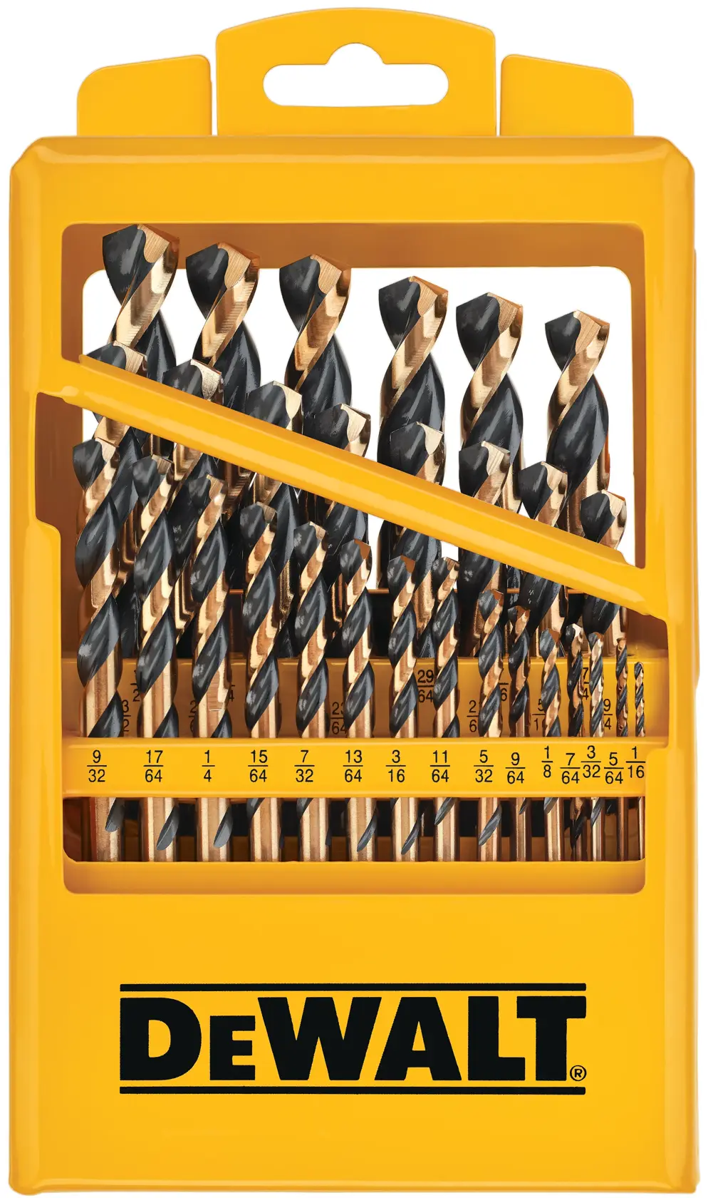 A yellow DEWALT-branded plastic case containing a set of black and gold drill bits in various sizes, neatly organized and labeled.