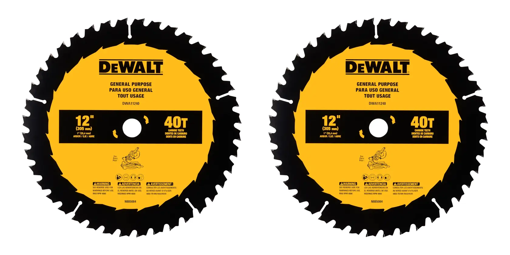Two DEWALT 12-inch general purpose circular saw blades, each with 40 teeth, shown side by side on a white background.