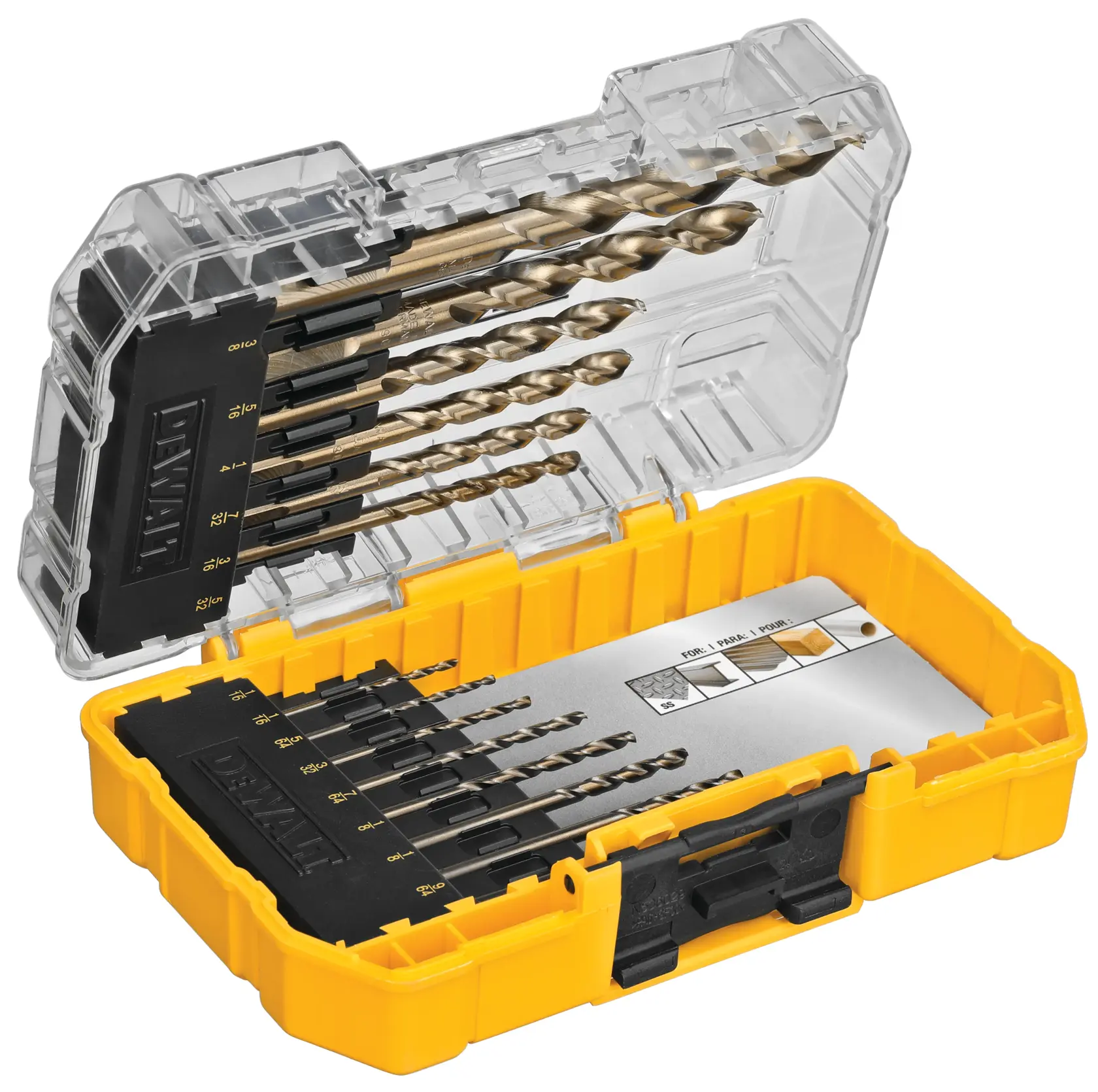 A yellow and transparent plastic case containing a set of metal drill bits, organized by size in individual slots. The case is open, showing the DEWALT branding and a size chart for the drills.