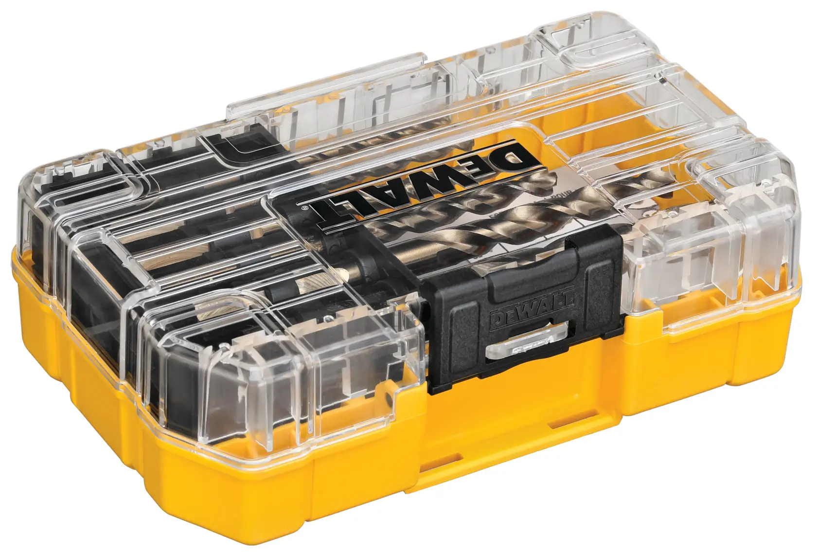 A yellow and transparent plastic storage case containing DEWALT drill bits and accessories, with a black latch on the front.