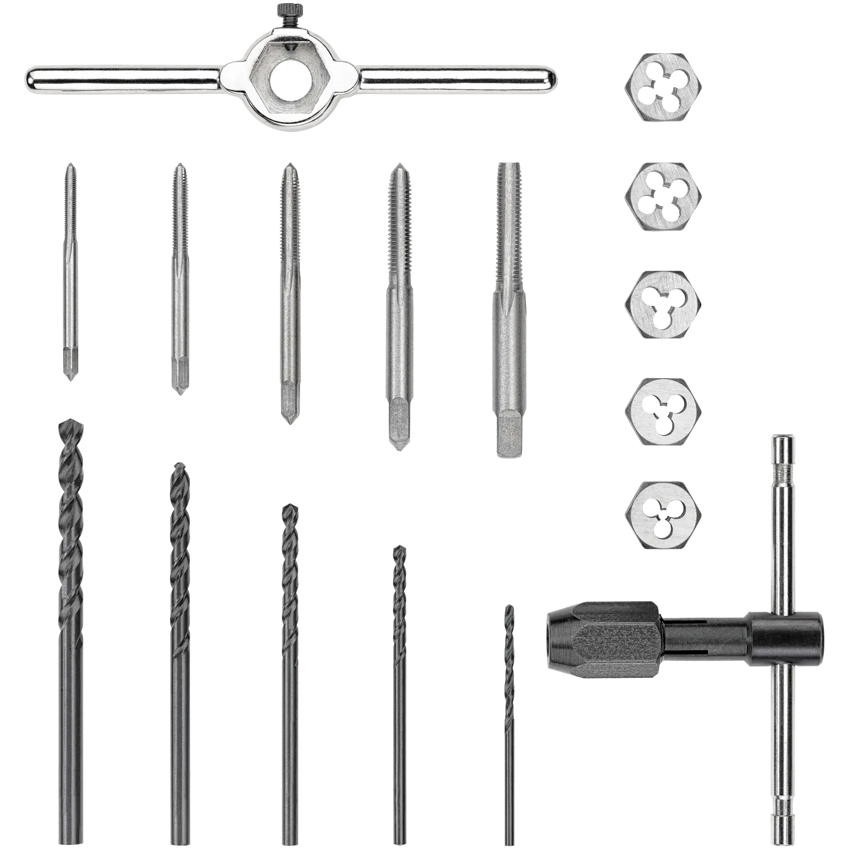 A DEWALT tap and die set, featuring various metal drill bits, taps, dies, and handles laid out in rows. The tools are used for threading and drilling in metalworking applications.