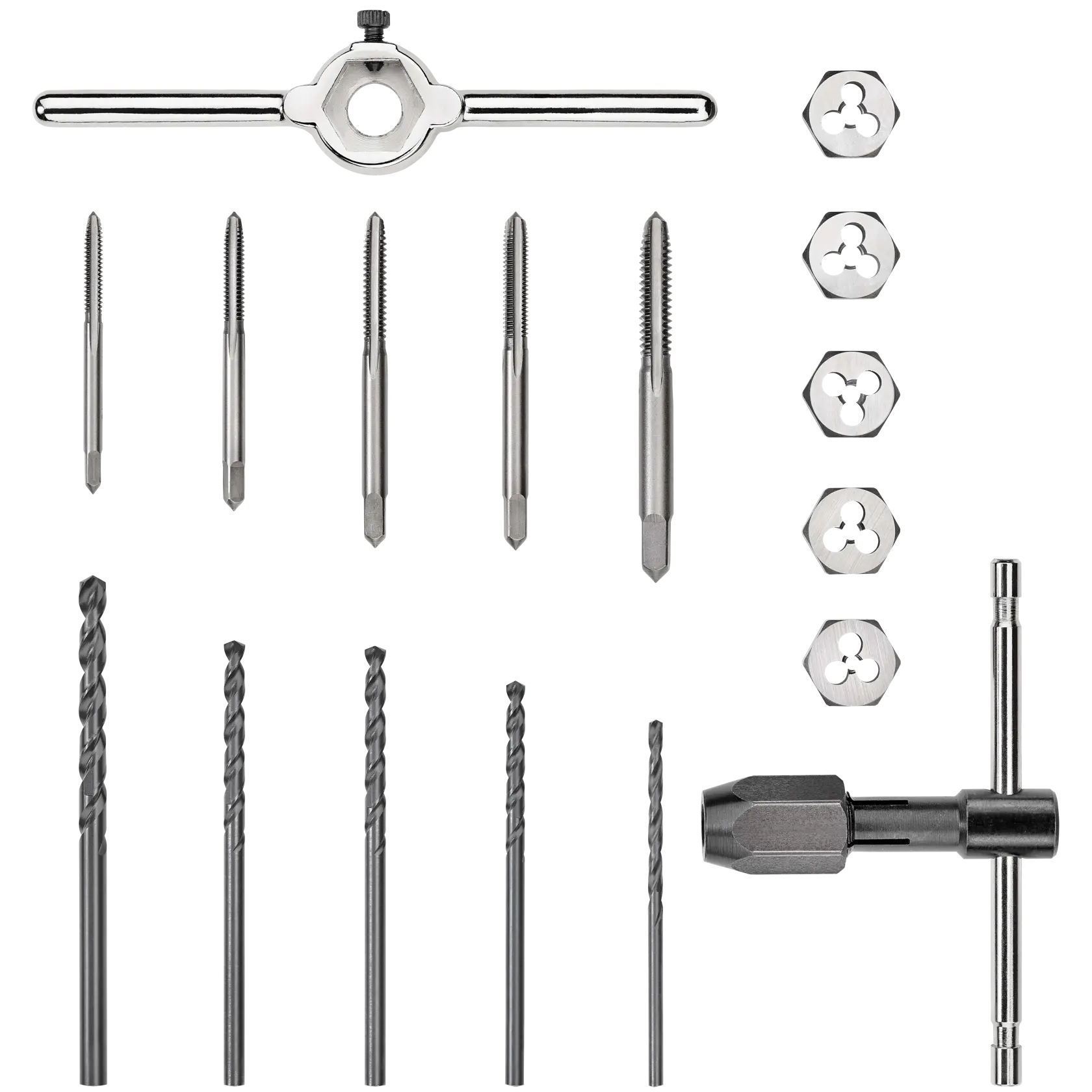 A DEWALT tap and die set with metal tools including a tap wrench, die holder, multiple taps, dies, drill bits, and an additional handle, arranged neatly on a white background.