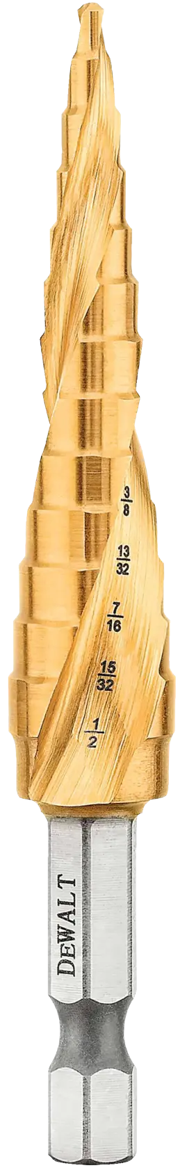 A DEWALT step drill bit with a gold-colored, spiral, tapered cutting surface and a silver hexagonal shank. The bit shows measurement markings for different hole sizes.