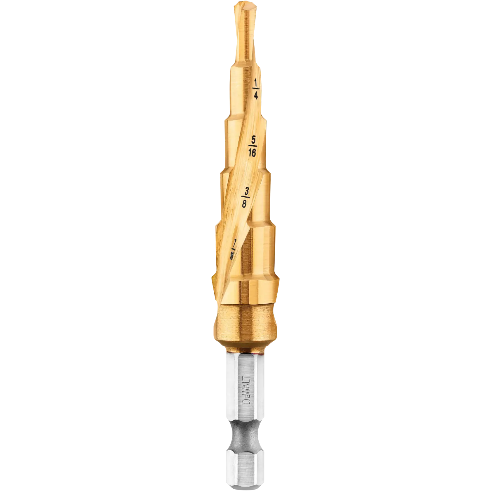 A gold-colored stepped drill bit with measurement markings, featuring a hexagonal shank at the bottom. The tool is designed for drilling holes of various sizes.