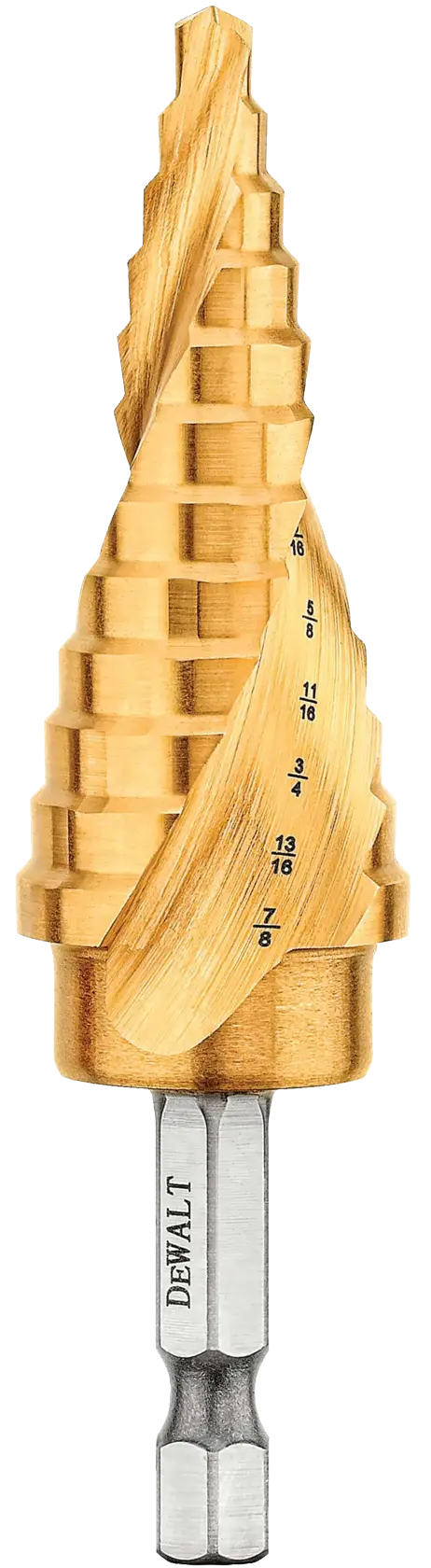 A DEWALT branded gold-colored step drill bit with measurement markings along the steps, used for drilling holes of various sizes.