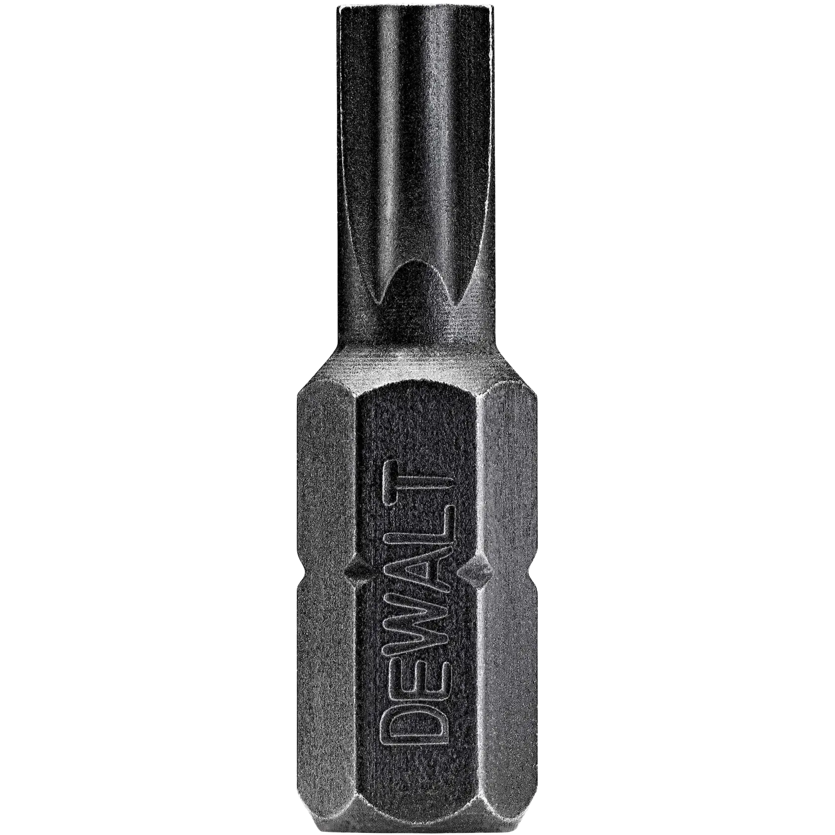 Close-up image of a DEWALT branded black screwdriver bit, designed for use with power tools.