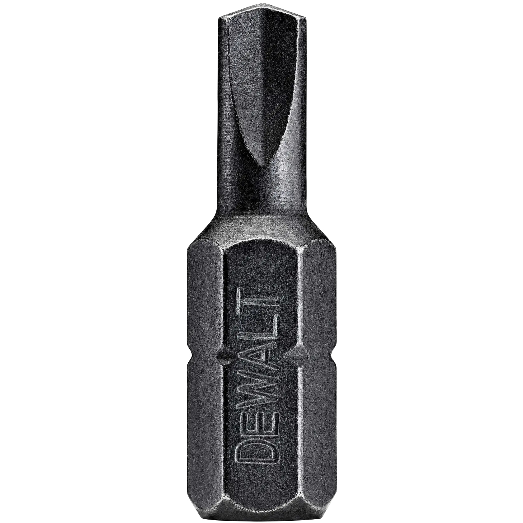 A close-up of a DEWALT branded slotted screwdriver bit, made of metal, designed for use with power tools.