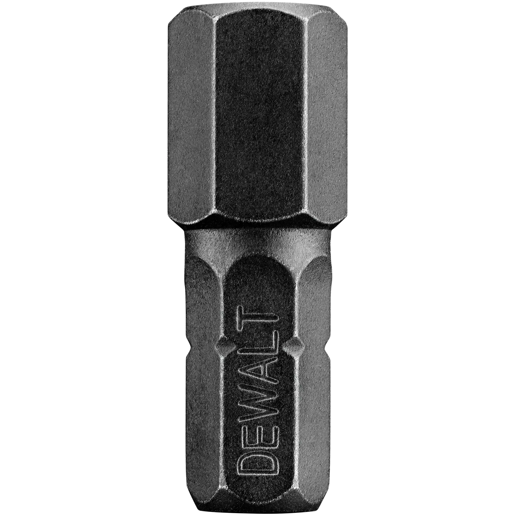 A close-up image of a DEWALT branded hexagonal impact driver bit with a matte black finish, displayed vertically against a white background.