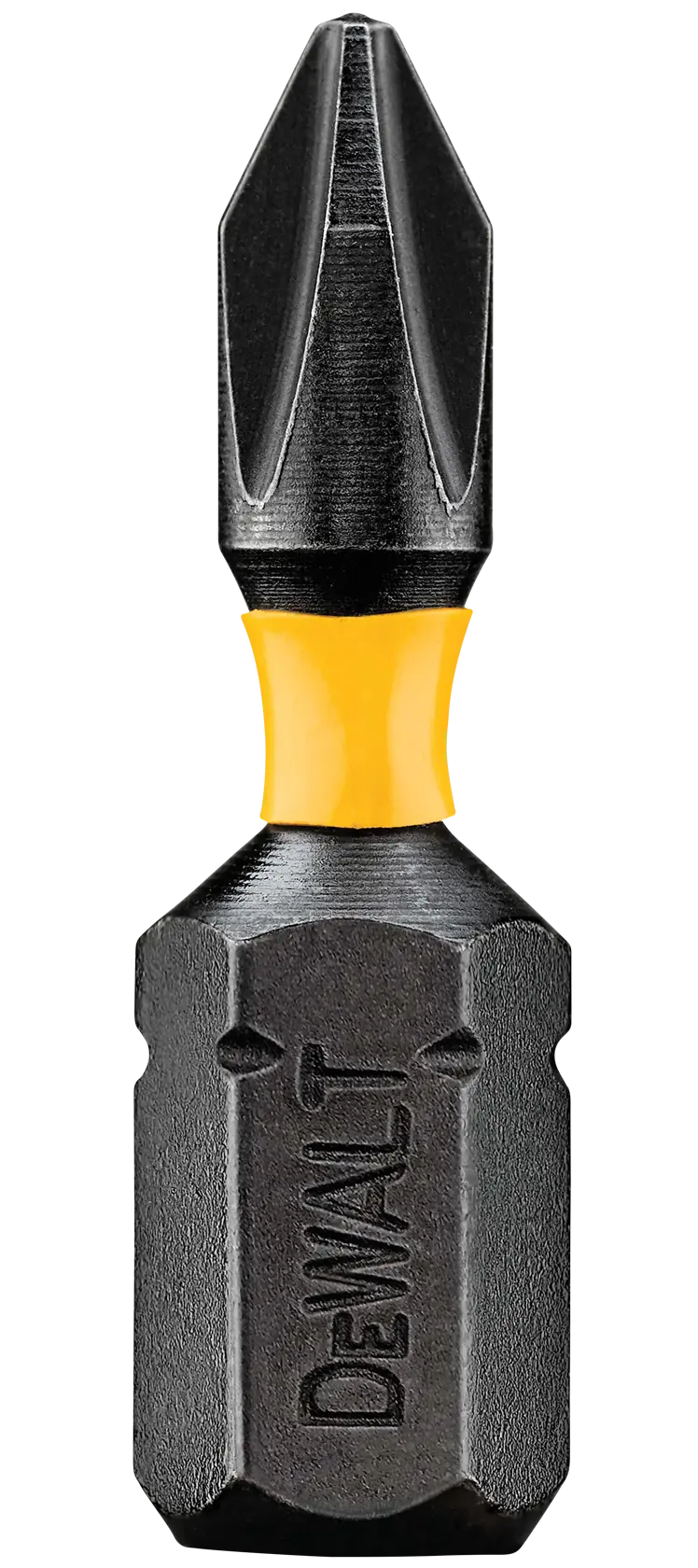 A DEWALT branded black and yellow Phillips screwdriver bit, shown upright against a white background.