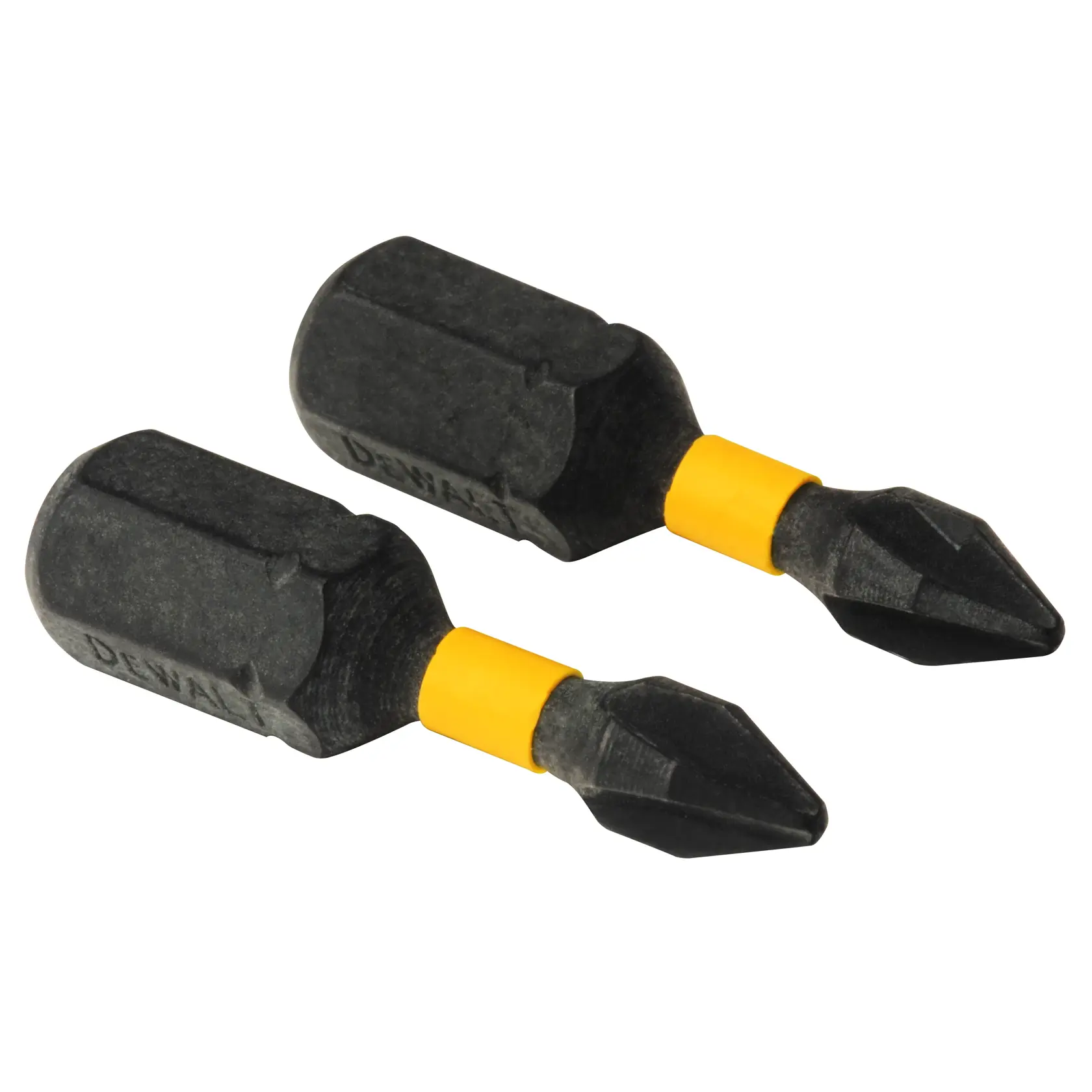 A DEWALT power drill with a screw bit attachment is being used to drive a screw into a wooden beam. The drill is held by a person's hand, and the background shows part of a metal fixture mounted under the wood.