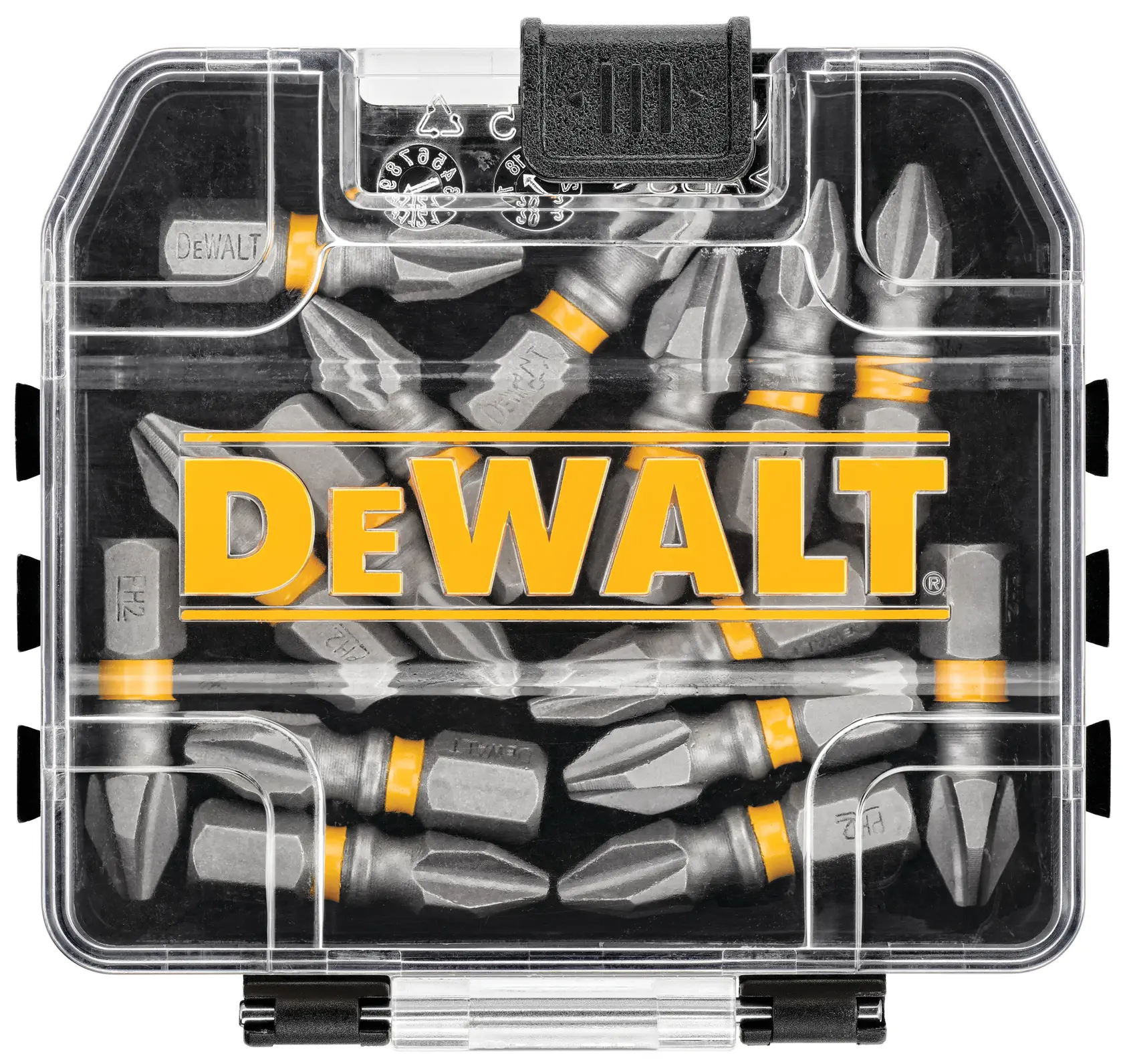 A clear plastic storage case containing multiple gray DEWALT screwdriver bits with yellow accents, displaying the DEWALT logo prominently on the front.