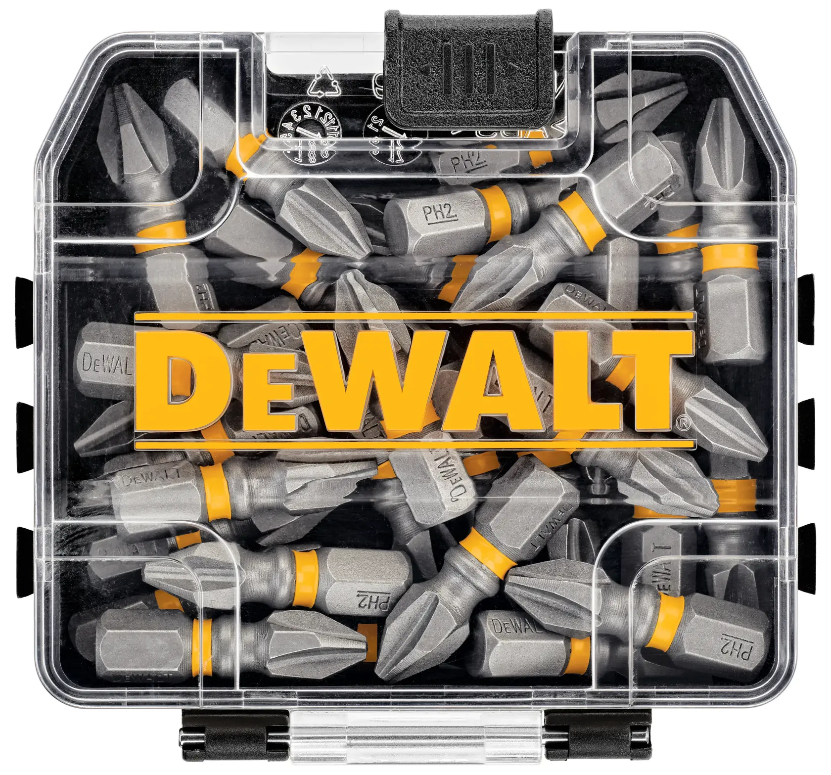A clear plastic case containing multiple DEWALT screwdriver bits with yellow accents. The DEWALT logo is prominently displayed on the front of the case.