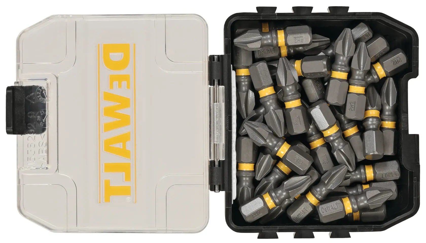 A plastic case containing multiple DEWALT Phillips screwdriver bits, with the lid open to display the bits inside.