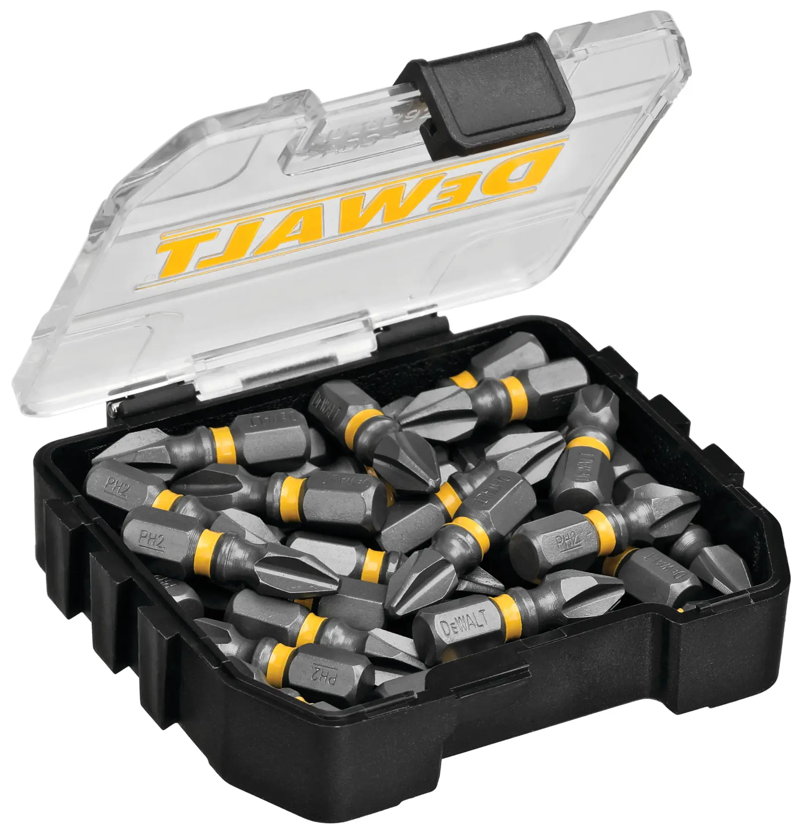 A black plastic case with a transparent lid containing multiple DEWALT branded screwdriver bits with yellow rings. The case is open, showing the bits organized inside.