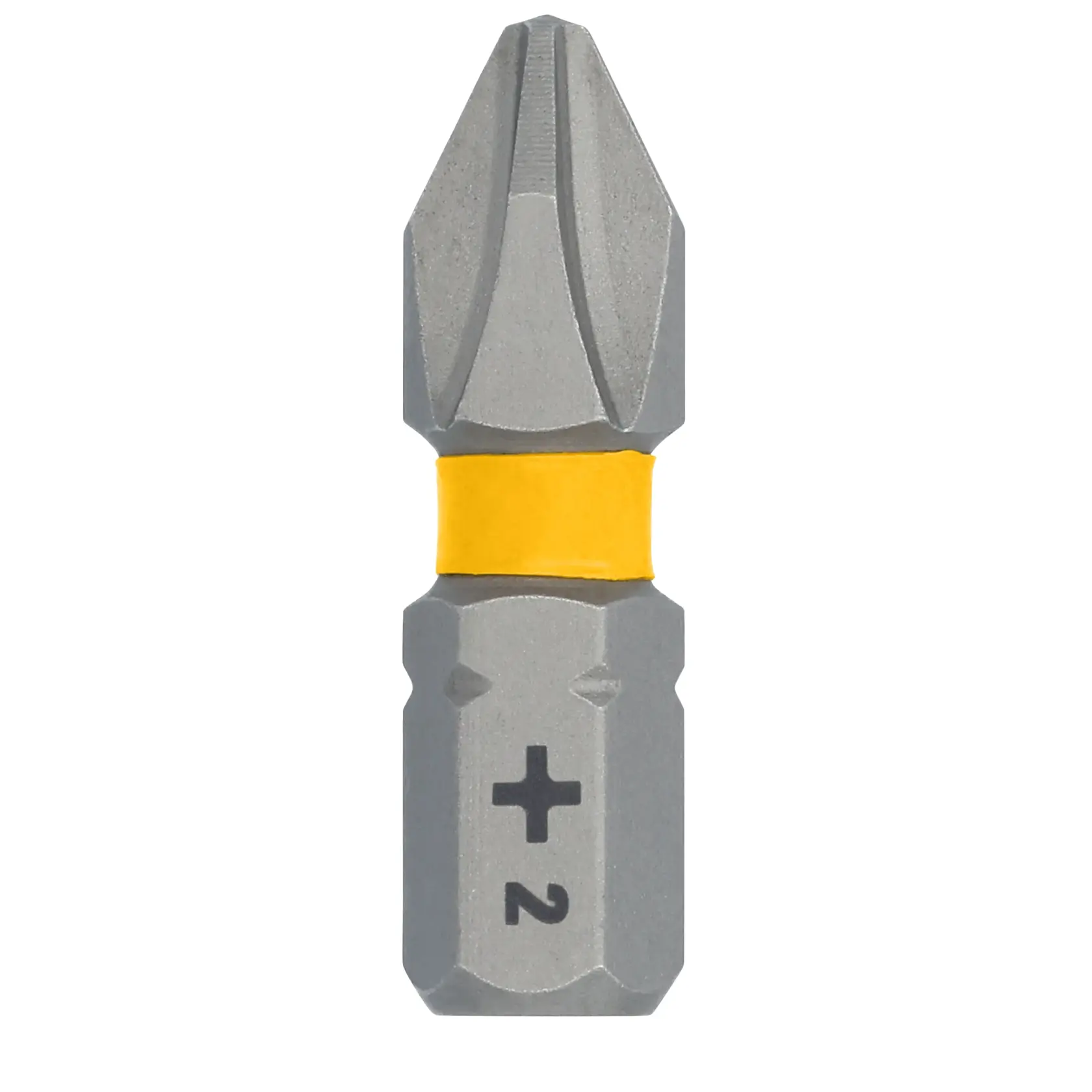 A close-up of a DEWALT Phillips #2 screwdriver bit with a yellow band around the middle.
