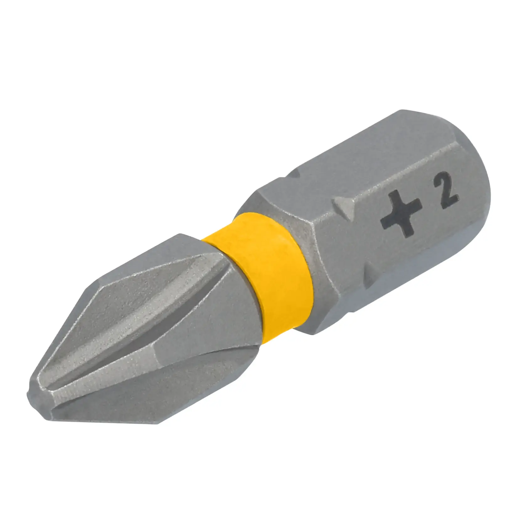 A close-up image of a DEWALT Phillips #2 screwdriver bit with a yellow ring near the base, used for power tools.