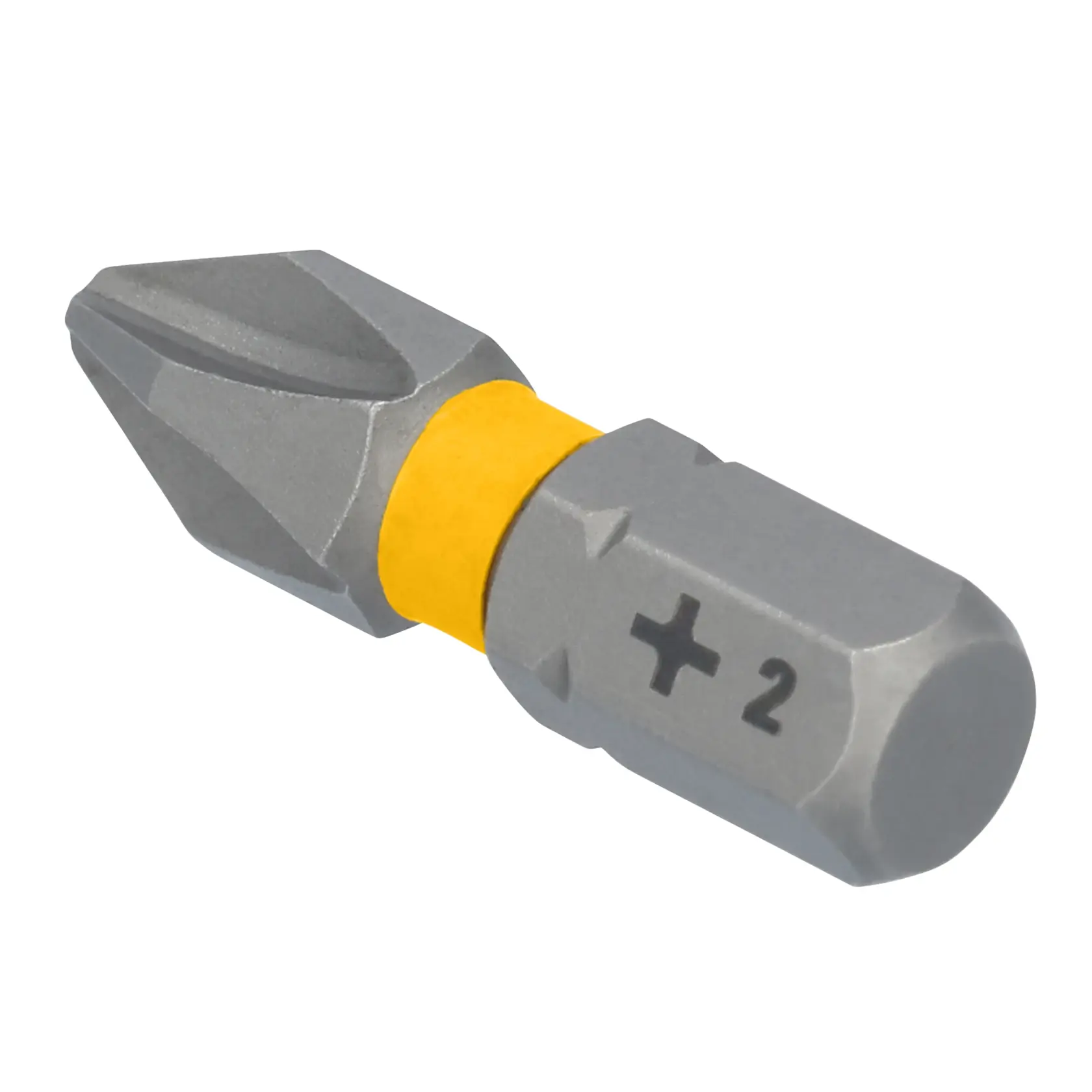 A close-up image of a DEWALT Phillips #2 screwdriver bit with a yellow collar, designed for power tools.