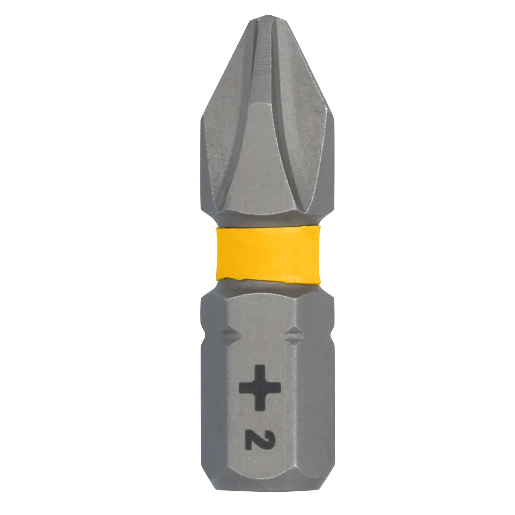 A close-up image of a DEWALT Phillips screwdriver bit with a yellow marking and a number 2 symbol.