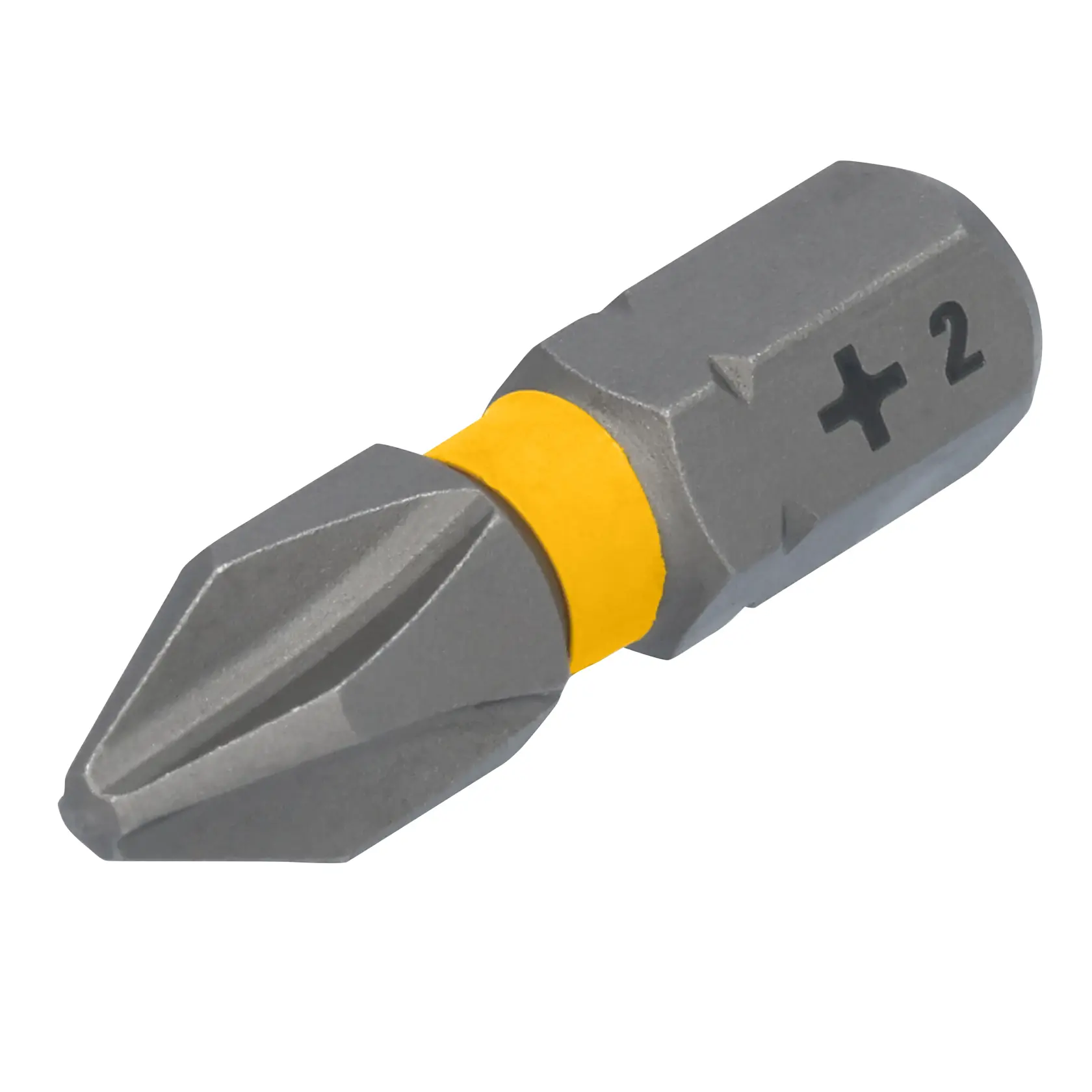 Close-up image of a DEWALT Phillips screwdriver bit with a yellow ring, size PH2, suitable for use with power tools.