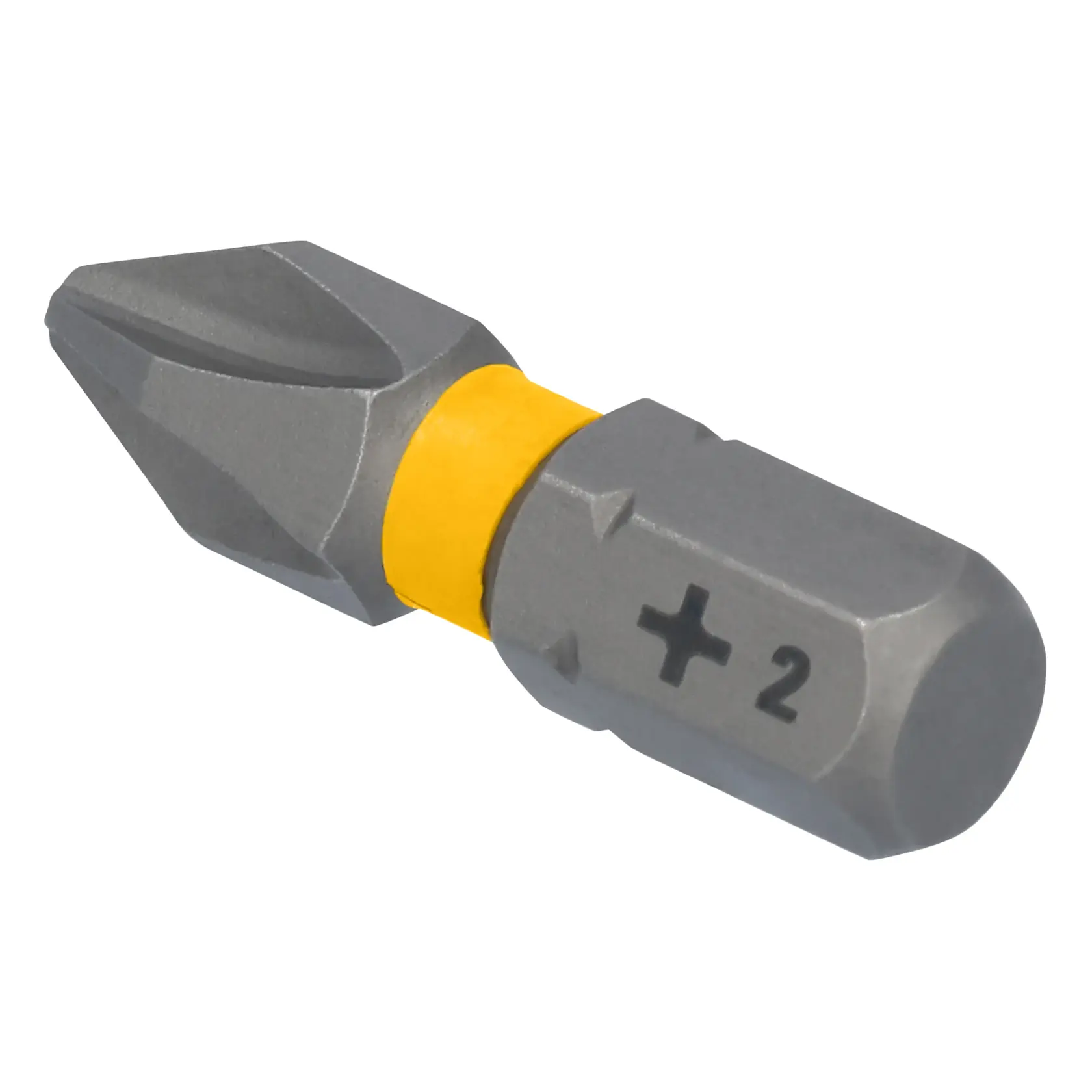 A close-up photo of a DEWALT Phillips screwdriver bit with a yellow band and the marking '+2' on its side.