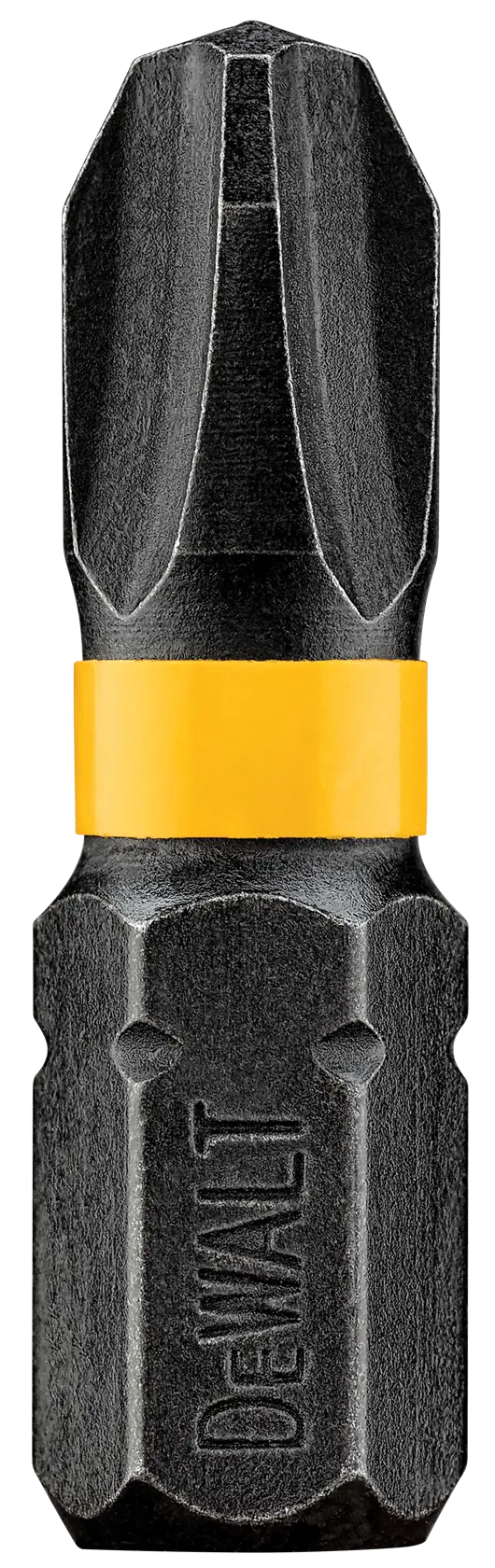 A close-up image of a DEWALT branded screwdriver bit with a yellow band around the middle. The bit is designed for use with power tools.